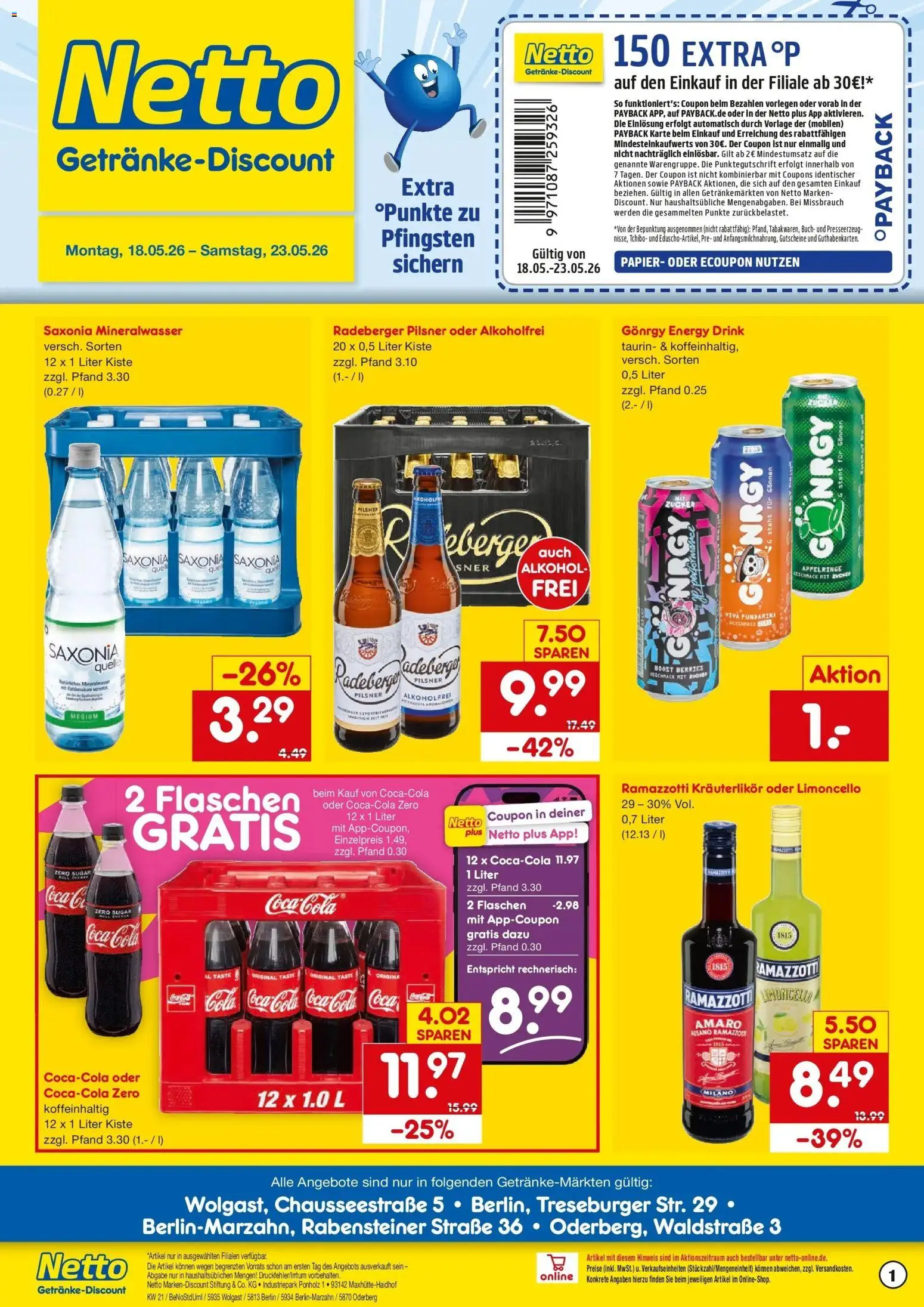 Netto Marken-Discount Prospekt Berlin	 – gültig ab 18.05.2026 | Seite: 1 | Produkte: Mineralwasser, Limoncello, Radeberger pilsner, Ramazzotti