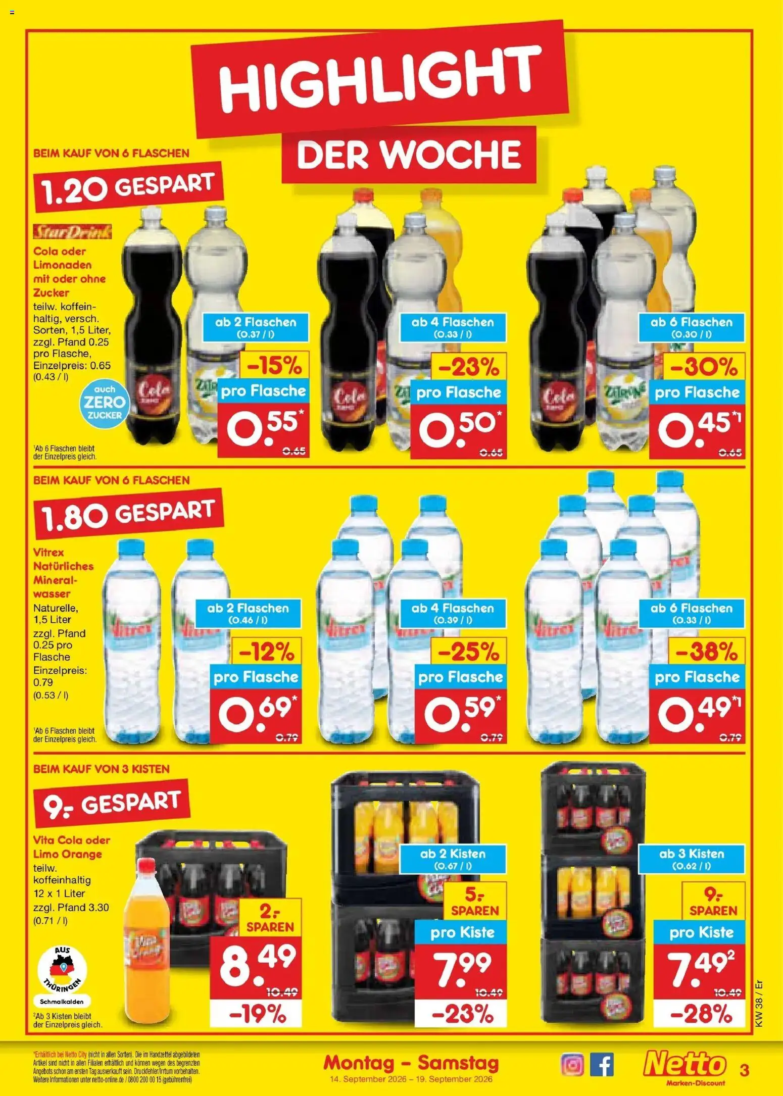 Netto Marken-Discount Prospekt Naumburg – gültig ab 14.09.2026 | Seite: 3 | Produkte: Cola, Wasser, Zucker, Zitrone