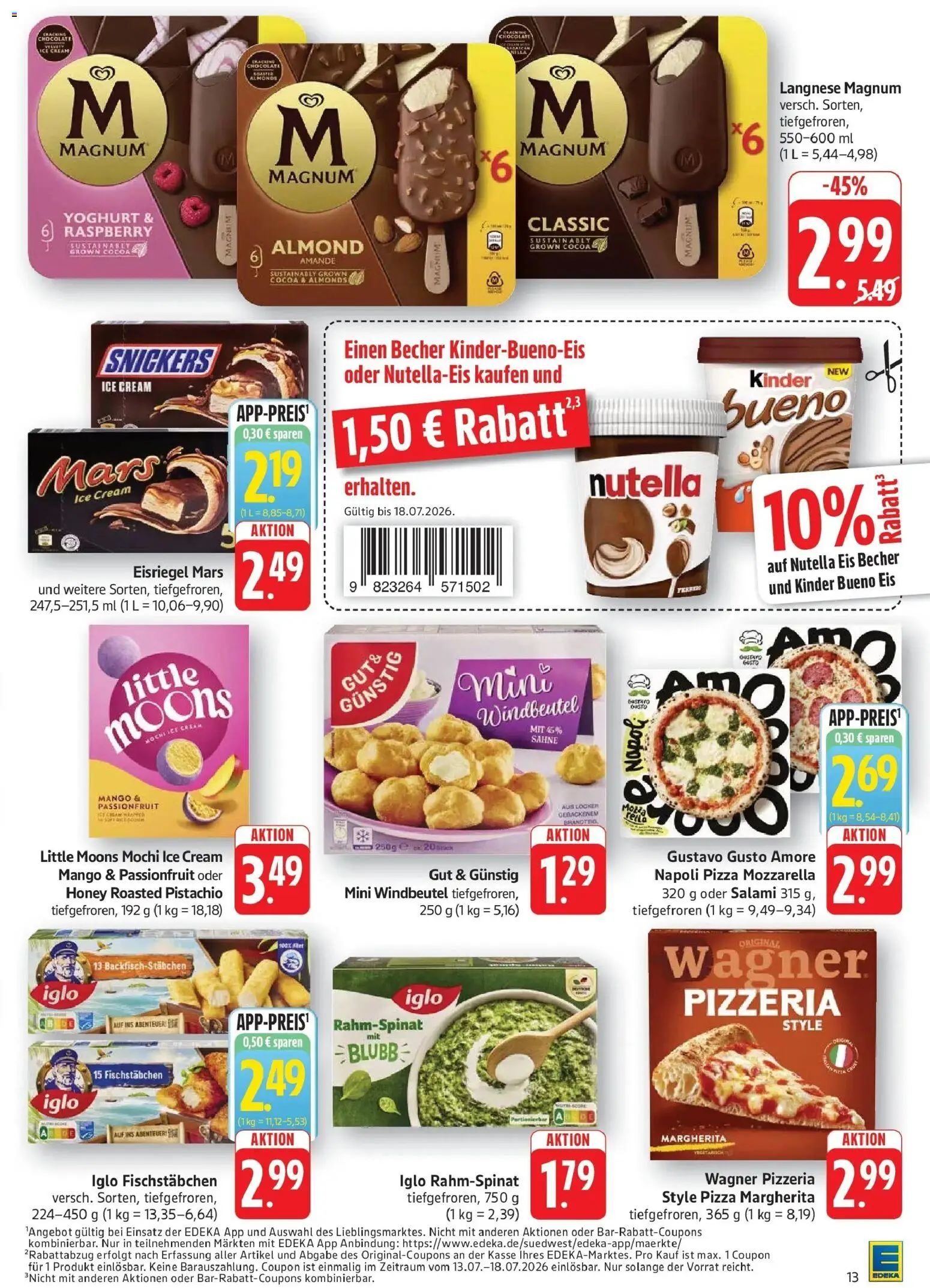 Edeka prospekt Göppingen – gültig ab 13.07.2026 | Seite: 13 | Produkte: Snickers, Mars, Pizza, Sahne