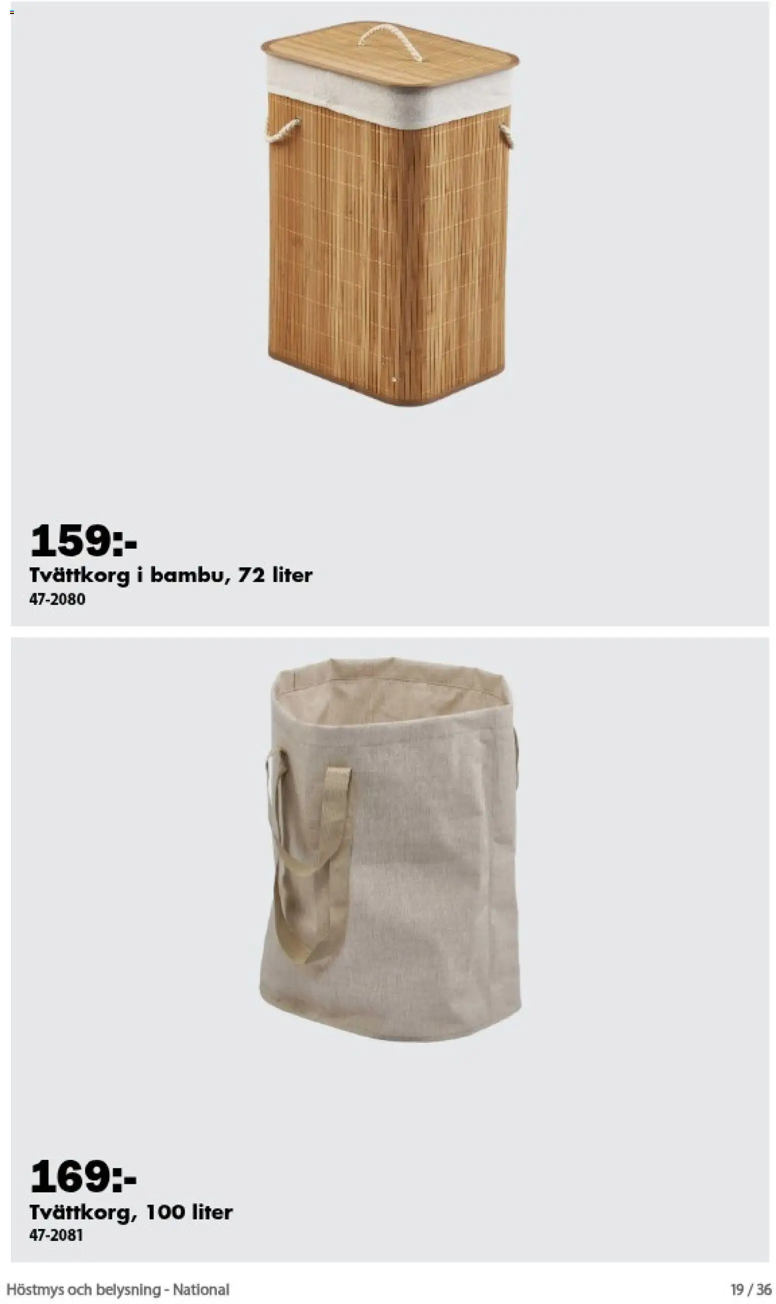 Biltema reklamblad aktuell från 01/09/2026 | Sida: 19 | Produkter: Tvättkorg, Belysning