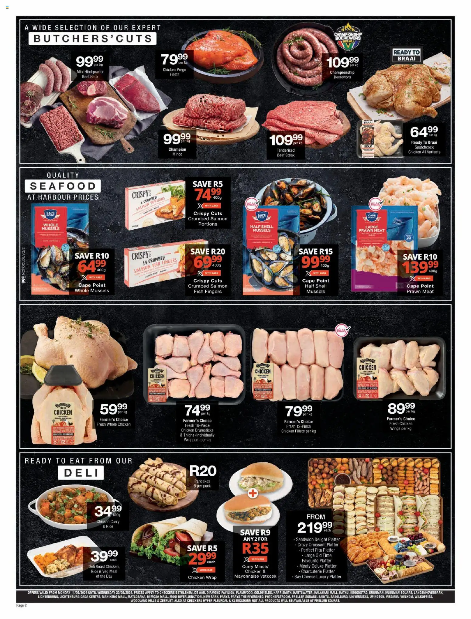 New Checkers catalogue – valid from 11.05.2026 | Page: 2 | Products: Magdalenas, Chicken, Fish, Beef