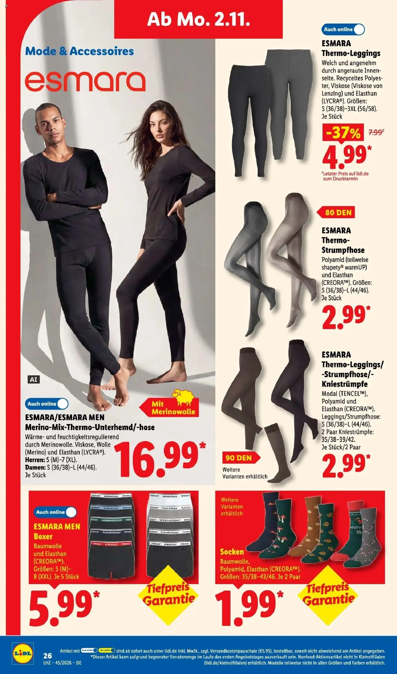 Lidl Prospekt Mühlacker (ab 02.11.2026) zum Blättern » Angebote | Seite: 42 | Produkte: Kniestrümpfe, Leggings, Boxer, Strumpfhose