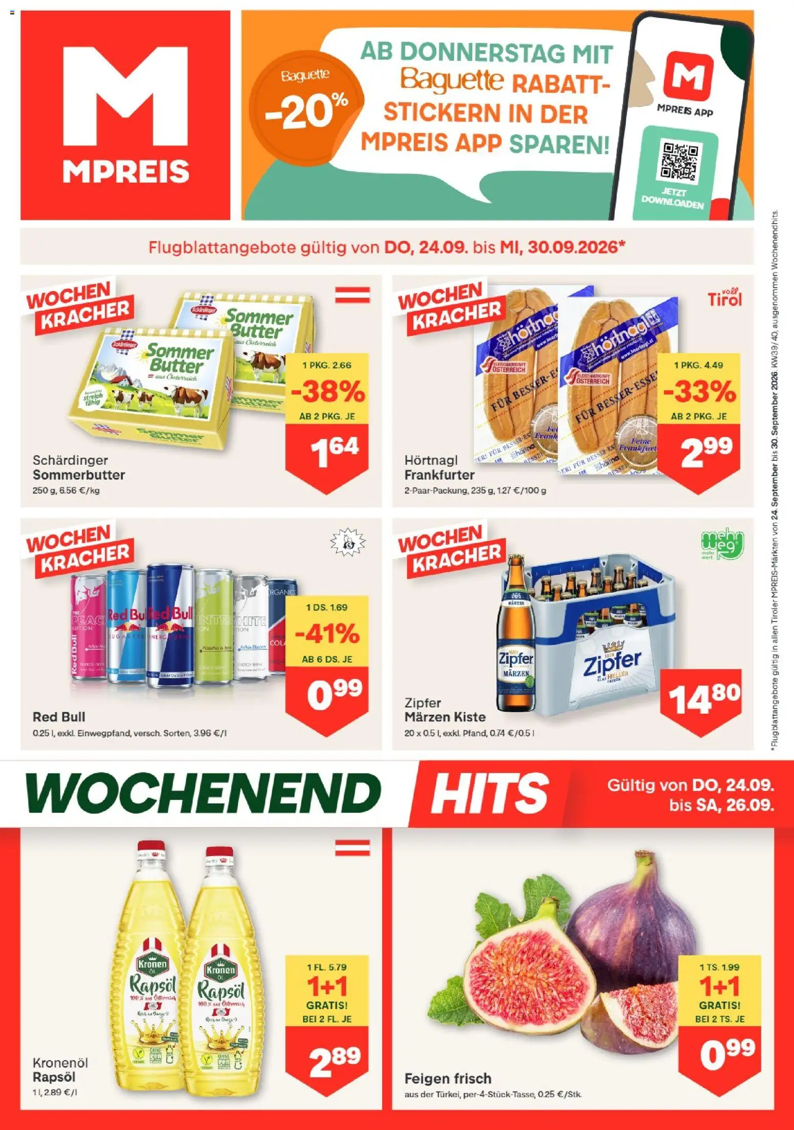 MPREIS Absam gültig ab 24.09.2026 | Seite: 1 | Produkte: Baguette, Feigen, Rapsöl, Butter