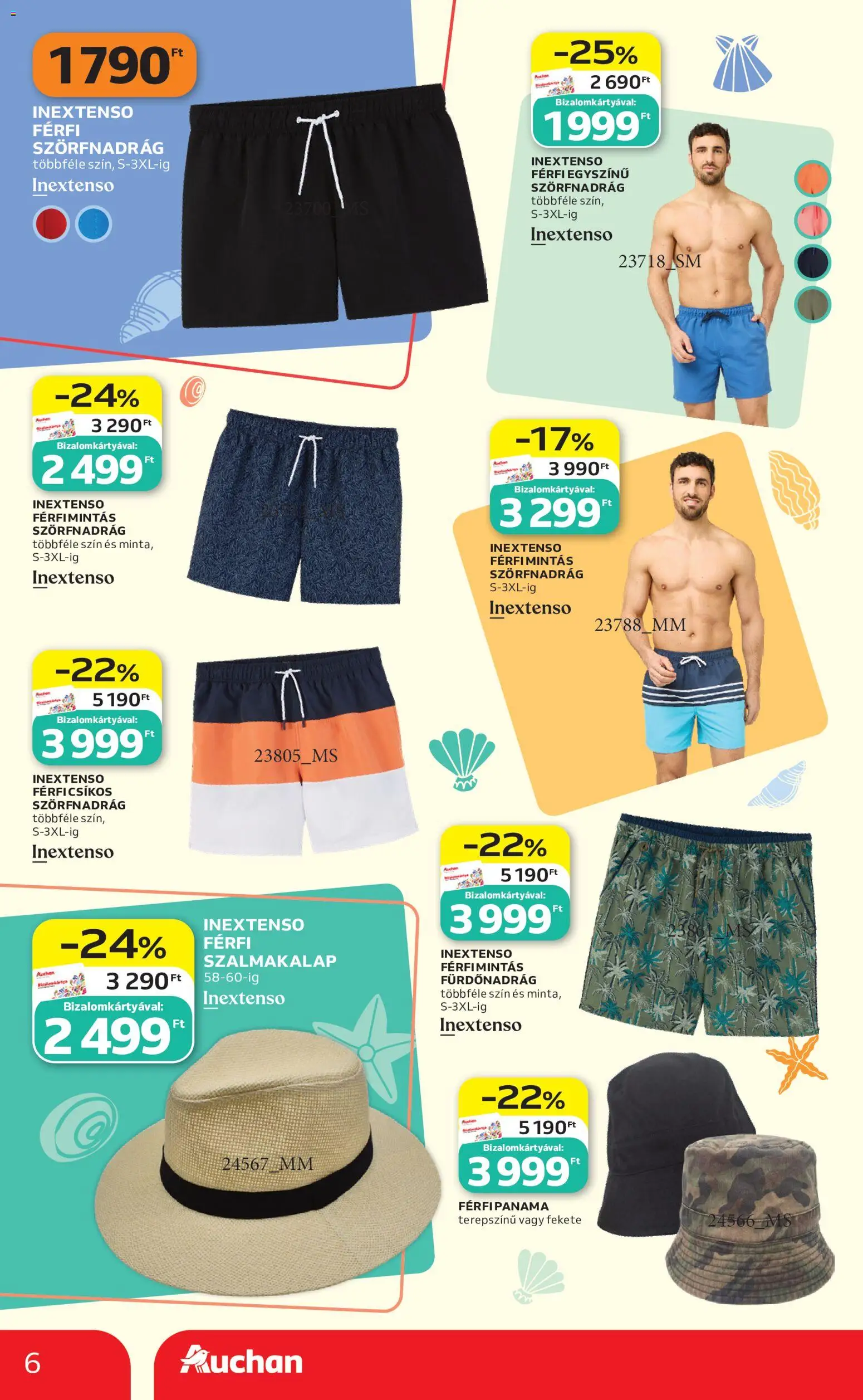 Auchan akciós ujság - amely érvényes a következő dátumtól: 14.05.2026 | Oldal: 6 | Termékek: Szörfnadrág, Szalmakalap