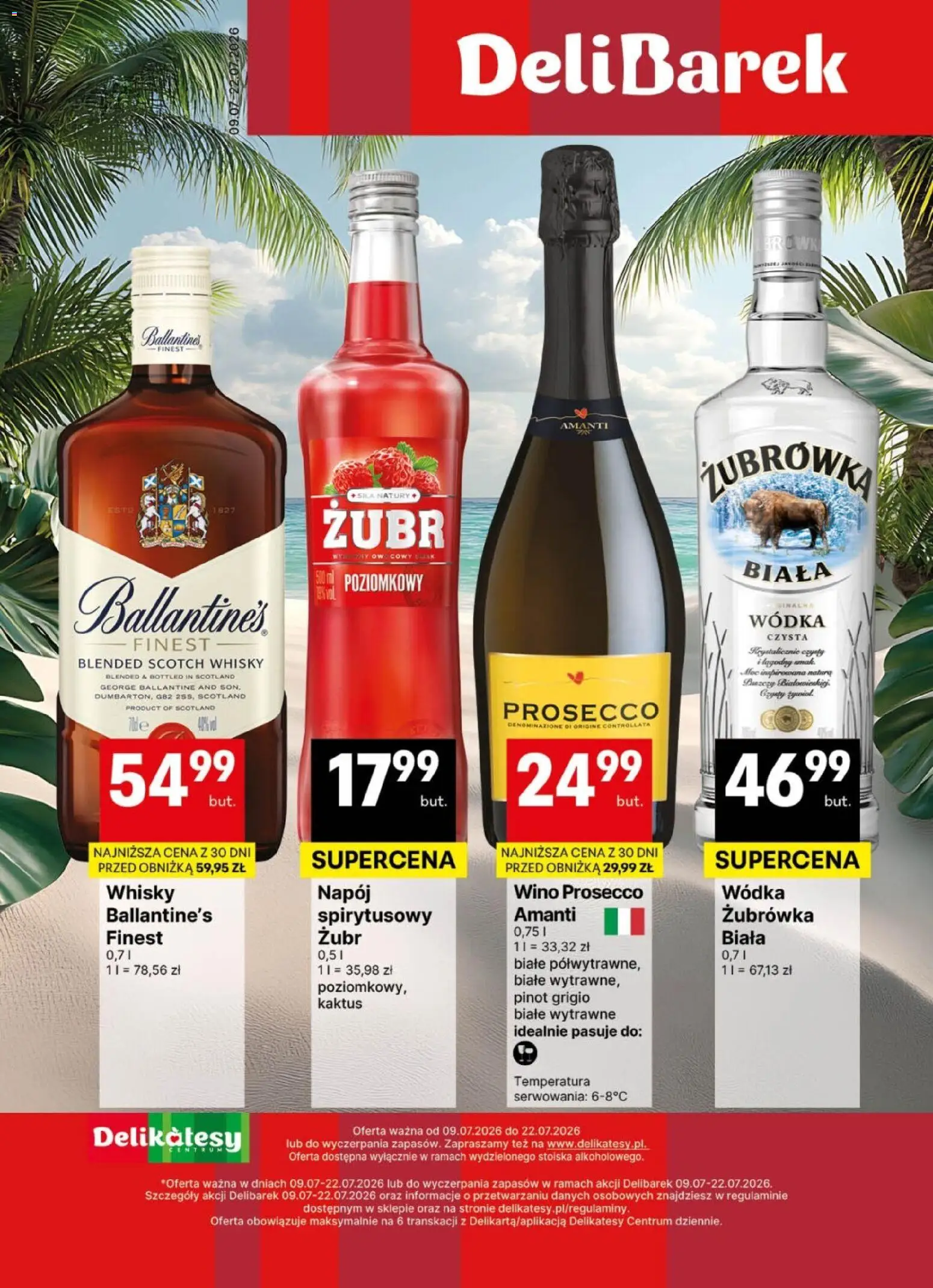 Delikatesy Centrum gazetka - DeliBarek od 09.07.2026 | Strona: 1 | Produkty: Żubrówka, Wino, Wódka, Prosecco