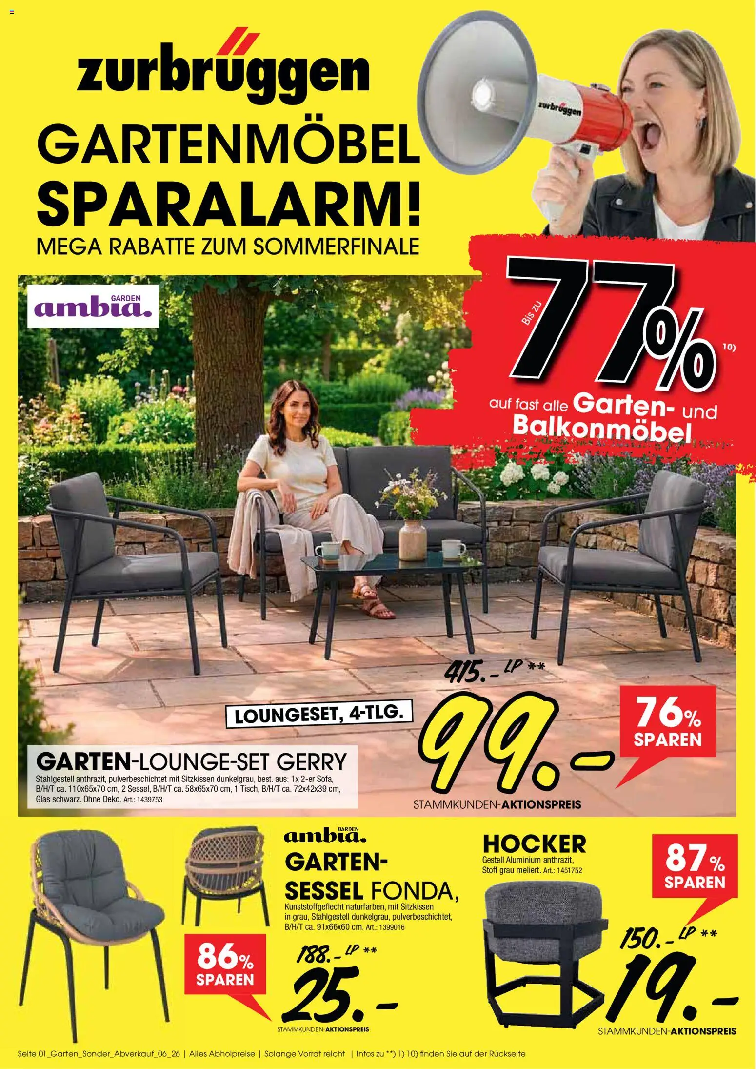 Zurbrüggen Gartenmöbel Sparalarm – gültig ab 10.08.2026 | Seite: 1 | Produkte: Hocker, Sessel, Gartenmöbel