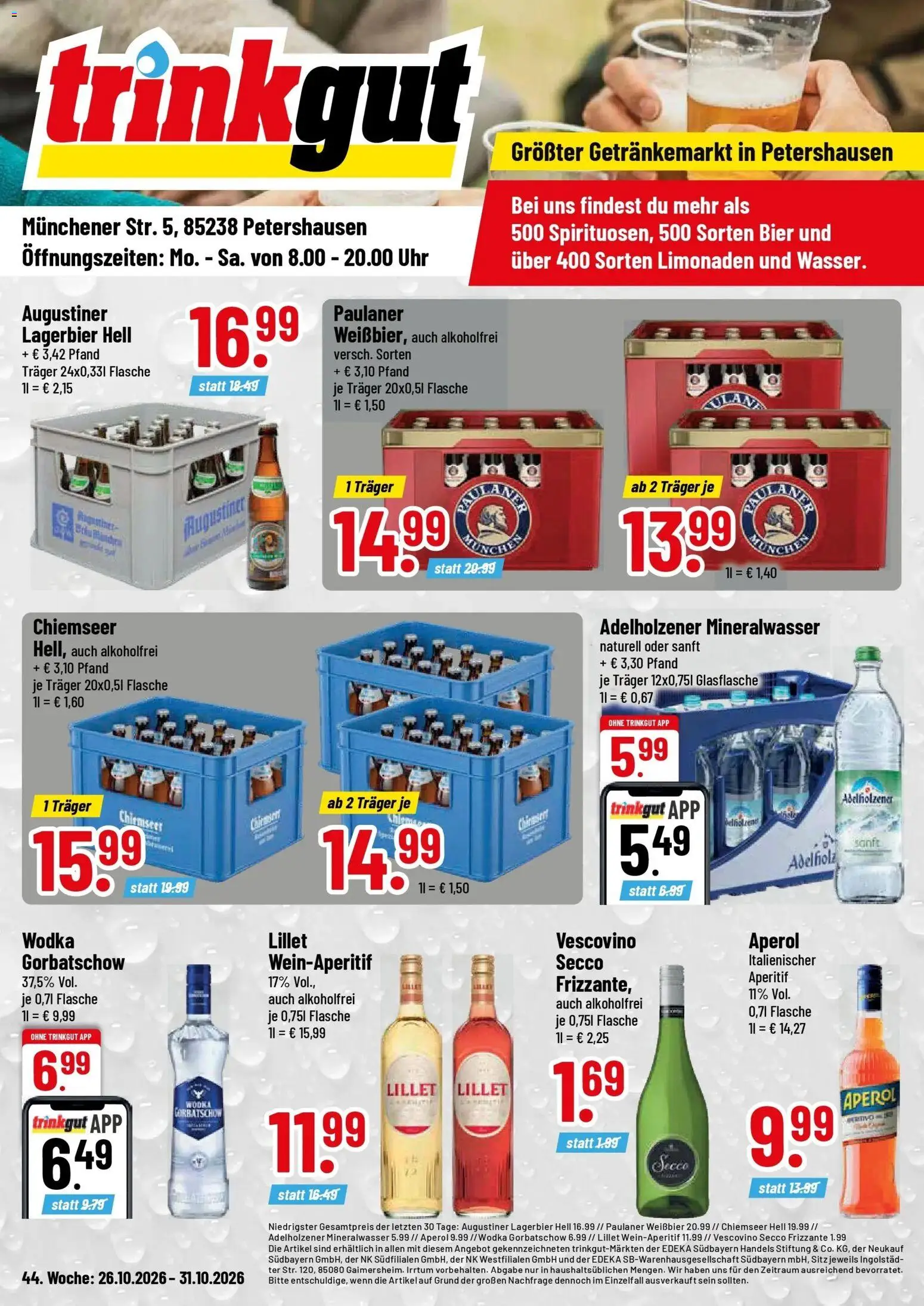 Trinkgut Prospekt Petershausen (ab 26.10.2026) » Angebote online | Seite: 1 | Produkte: Bier, Aperol, Wodka, Paulaner