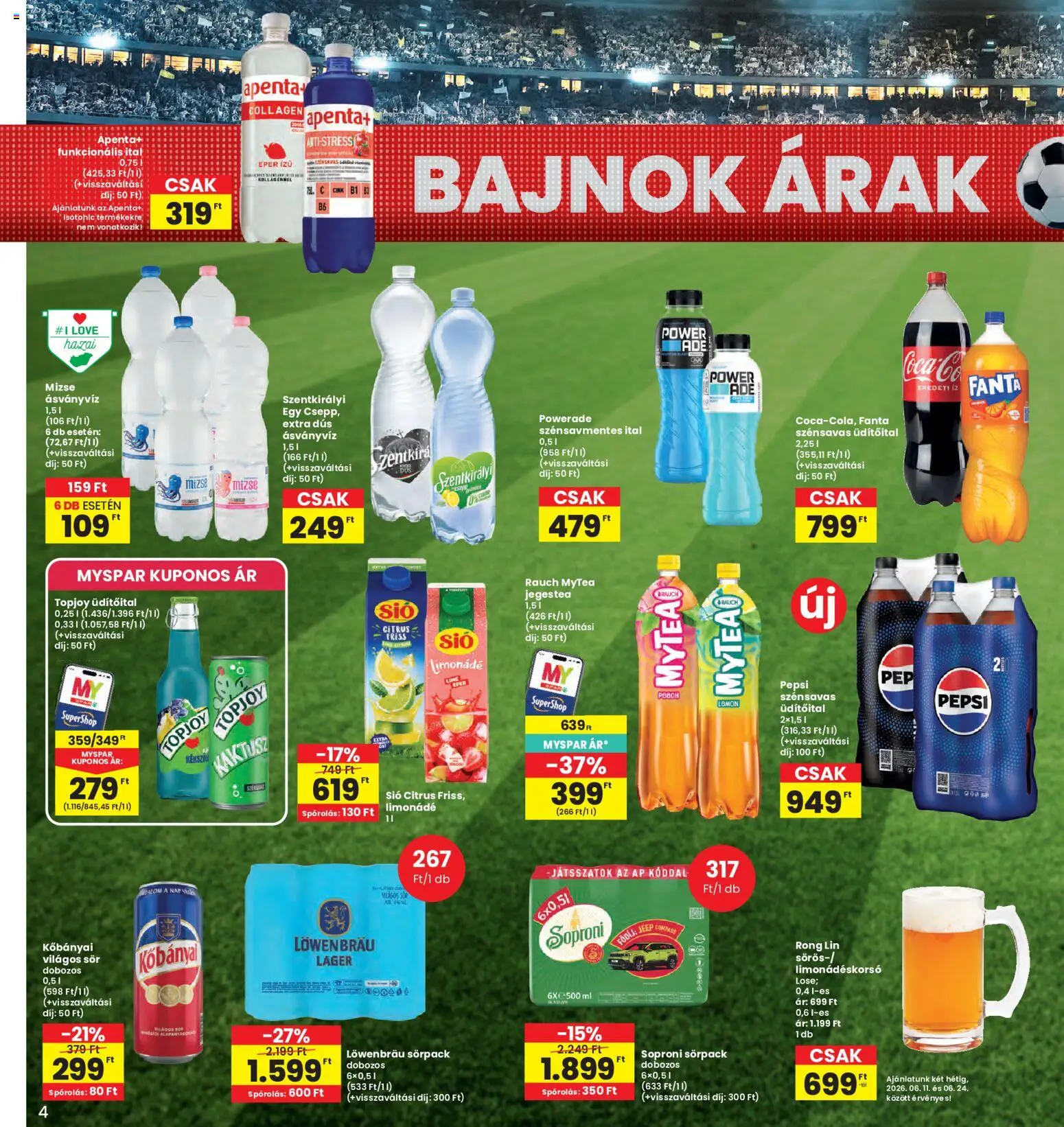 Interspar akciós ujság - amely érvényes a következő dátumtól: 11.06.2026 | Oldal: 4 | Termékek: Pepsi, Limonádé, Sör, Eper