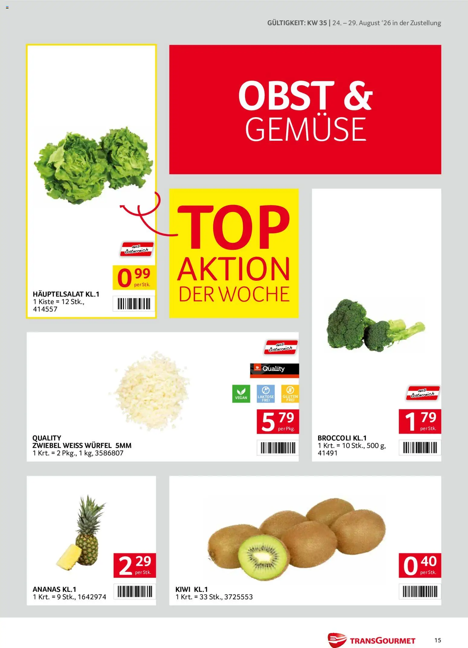 Transgourmet Zustellaktion gültig ab 24.08.2026 | Seite: 15 | Produkte: Kiwi, Gemüse, Obst, Ananas