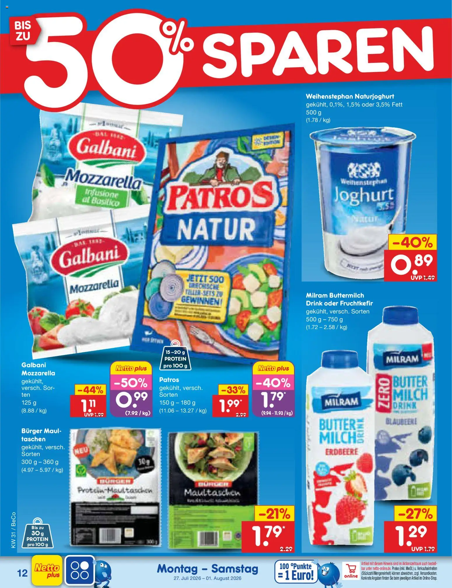 Netto Marken-Discount Prospekt – gültig ab 27.07.2026 | Seite: 20 | Produkte: Buttermilch, Burger, Patros, Milram
