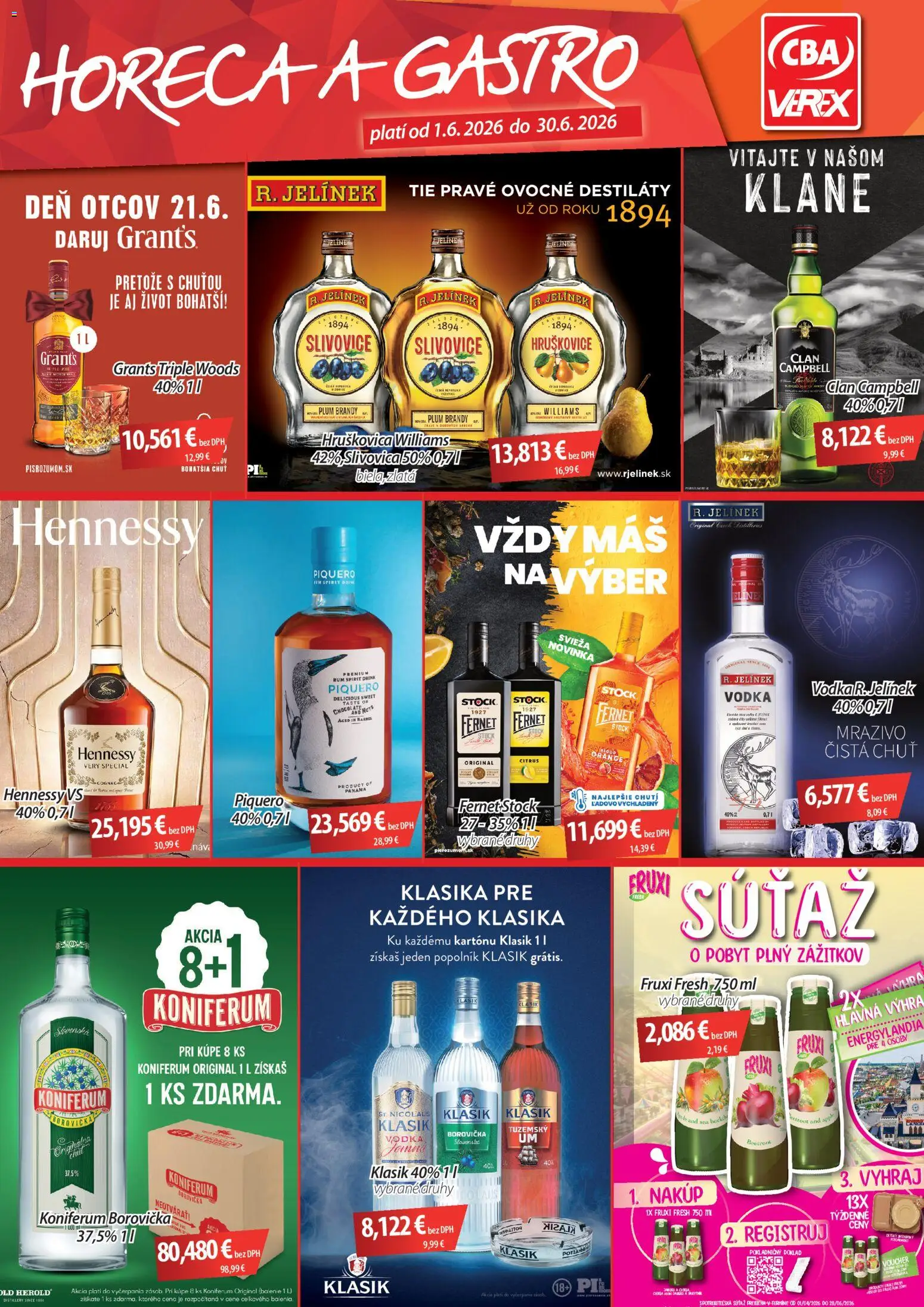 Nové CBA Verex akcie – leták je platný od 01.06.2026 | Strana: 1 | Produkty: Borovička, Brandy, Rum, Hennessy