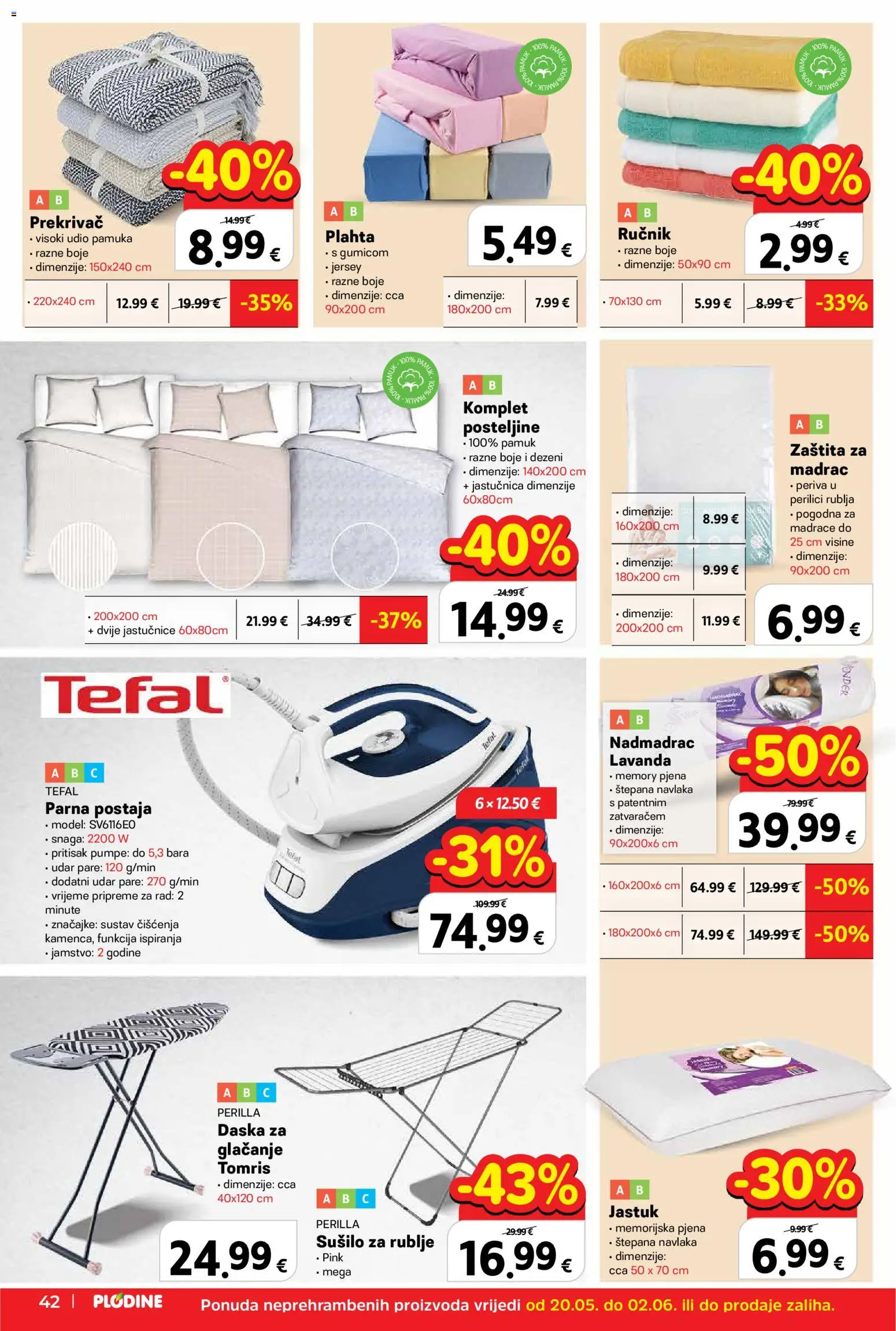 Plodine katalog | vrijedi od 20.05.2026 | Stranica: 44 | Proizvodi: Madrac, Jastuk, Ručnik, Sušilo za rublje