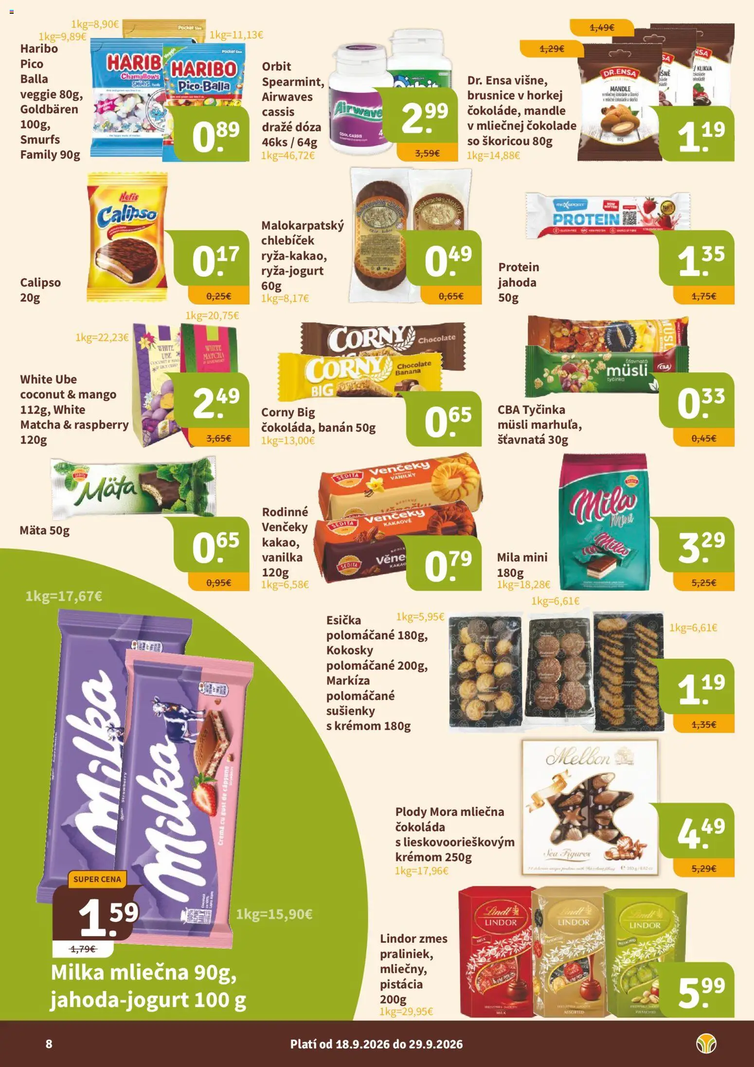 Nové Nitrazdroj akcie – leták je platný od 18.09.2026 | Strana: 8 | Produkty: Müsli, Sušienky, Brusnice, Kakao