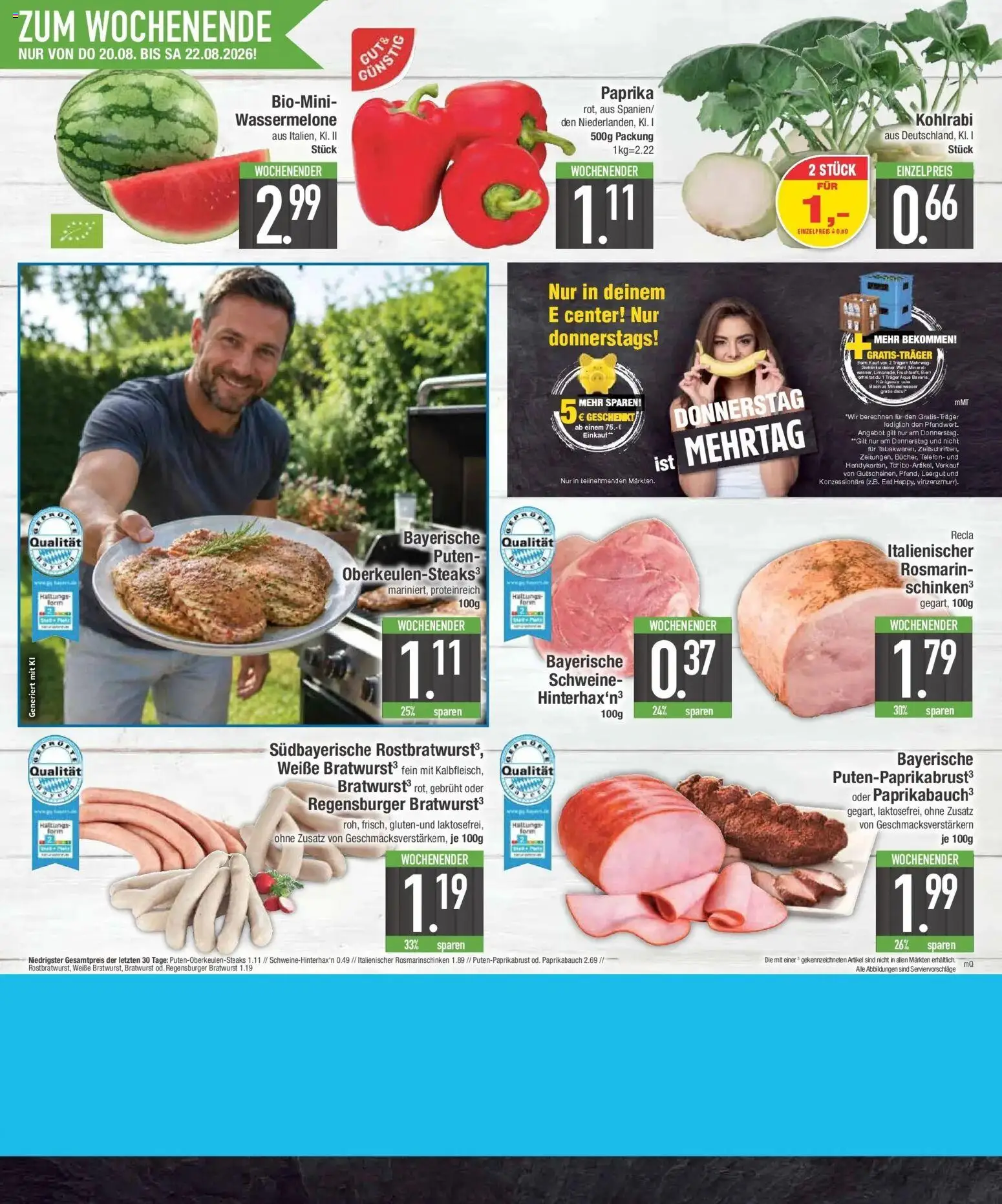 E center Prospekt Schwabmünchen (ab 17.08.2026) zum Blättern | Seite: 30 | Produkte: Bratwurst, Paprika, Wassermelone, Telefon