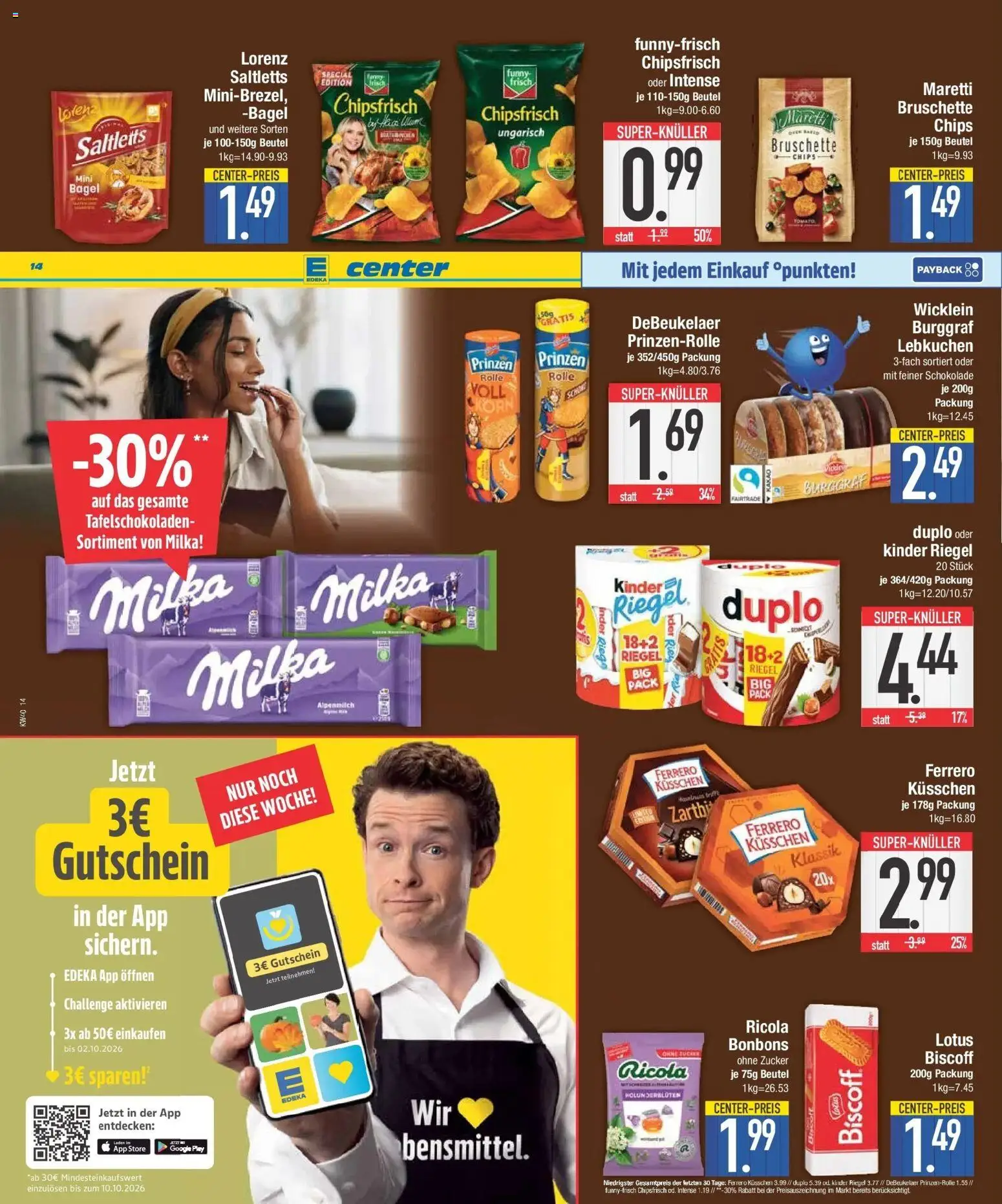 E center Prospekt Deggendorf (ab 28.09.2026) zum Blättern | Seite: 14 | Produkte: Schokolade, Funny frisch, Zucker, Chips