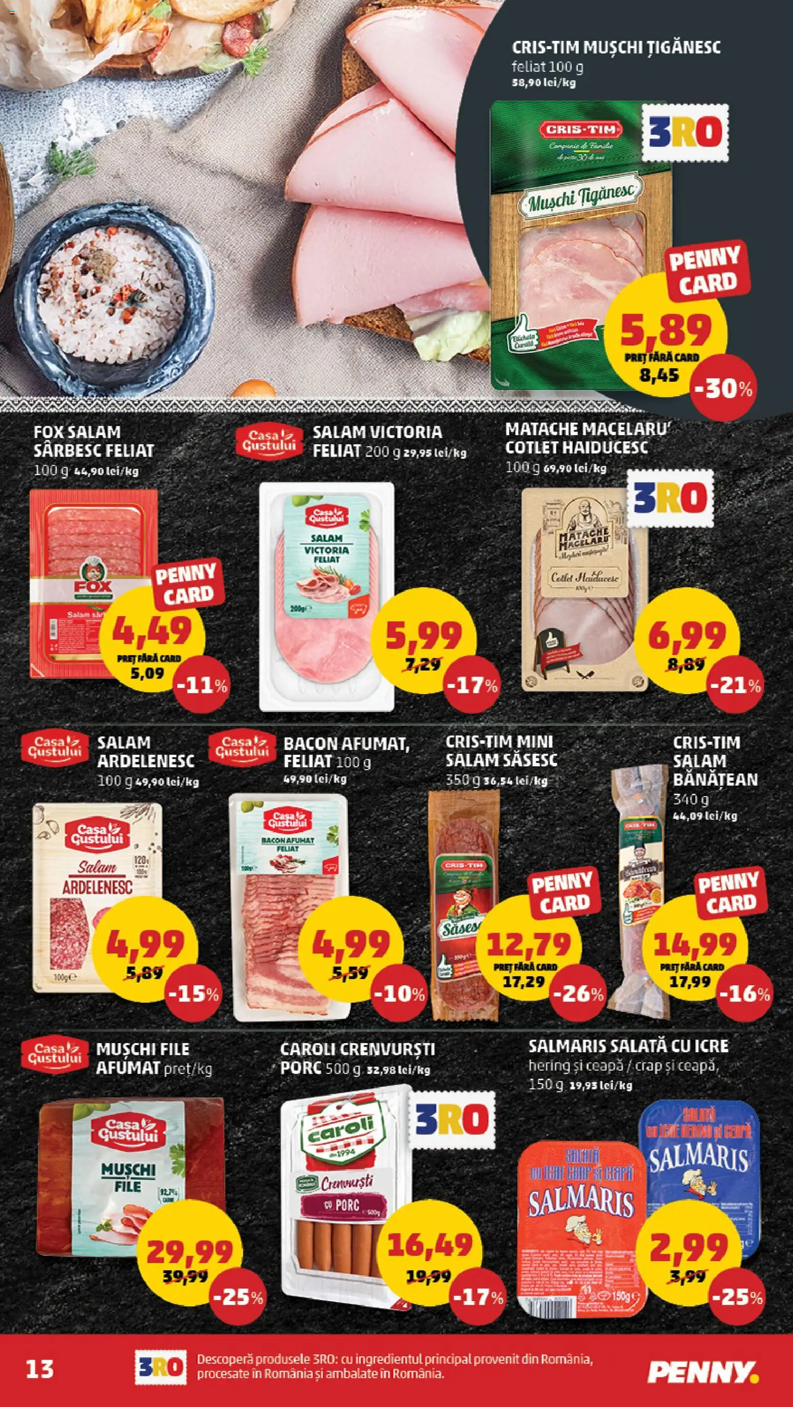 Noul catalog PENNY – valabil de la 23.09.2026 | Pagină: 13 | Produse: Muschi tiganesc, Salam, Salată cu icre, Salată