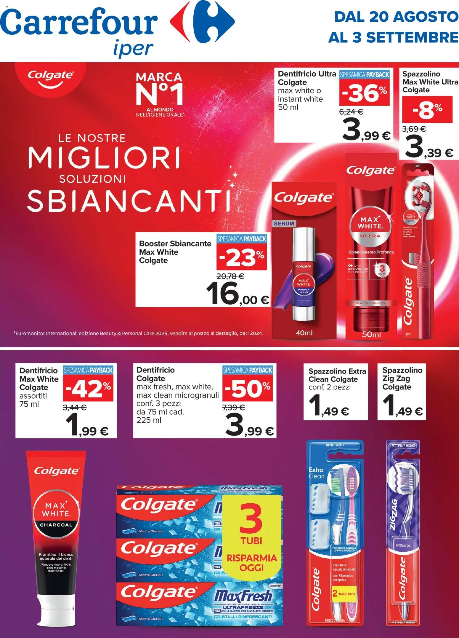 Volantino Carrefour del 20/08/2026 | Pagina: 1 | Prodotti: Dentifricio, Spazzolino, Pasta, Tubi