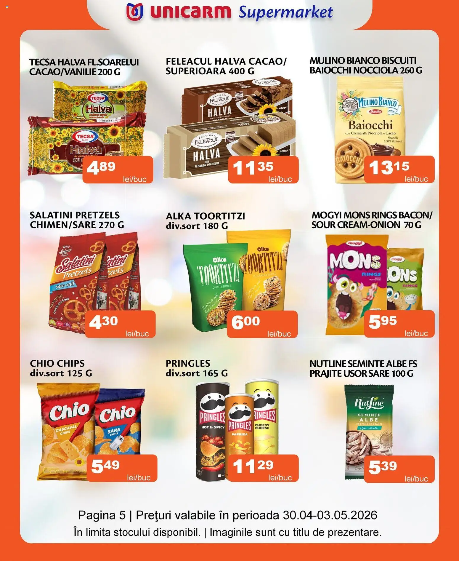 Noul catalog Unicarm – valabil de la 30.04.2026 | Pagină: 5 | Produse: Cașcaval, Cremă, Biscuiți, Sare