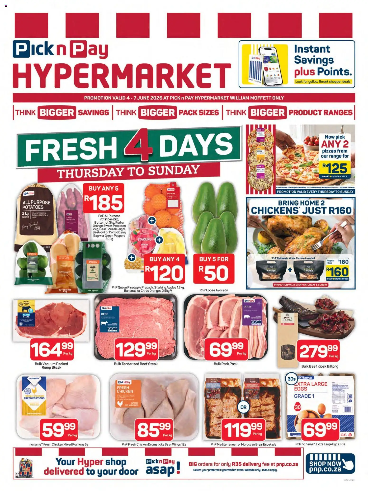 New Pick n Pay catalogue – valid from 04.06.2026 | Page: 1 | Products: Steak, Chicken, Oranges, Desmaquilante