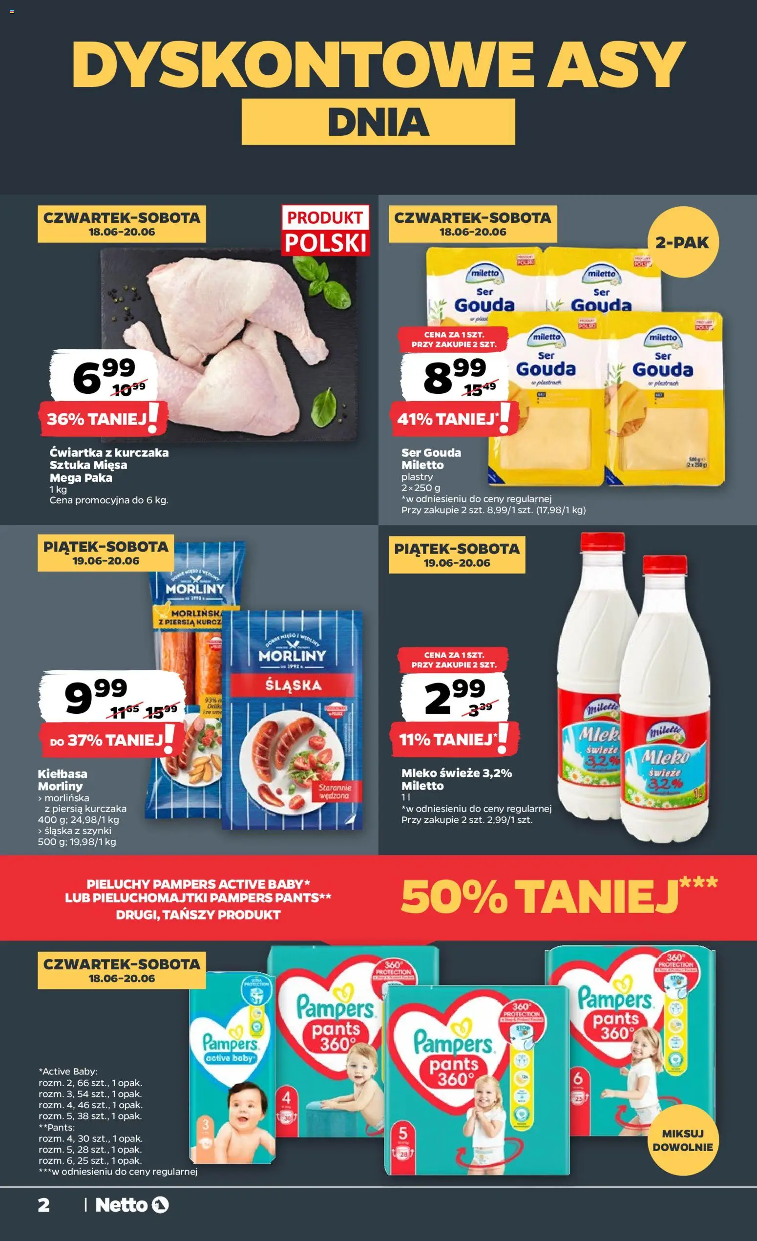 Netto gazetka od czwartku spożywcza od 18.06.2026 | Strona: 2 | Produkty: Kiełbasa, Mleko, Ser, Ćwiartka z kurczaka