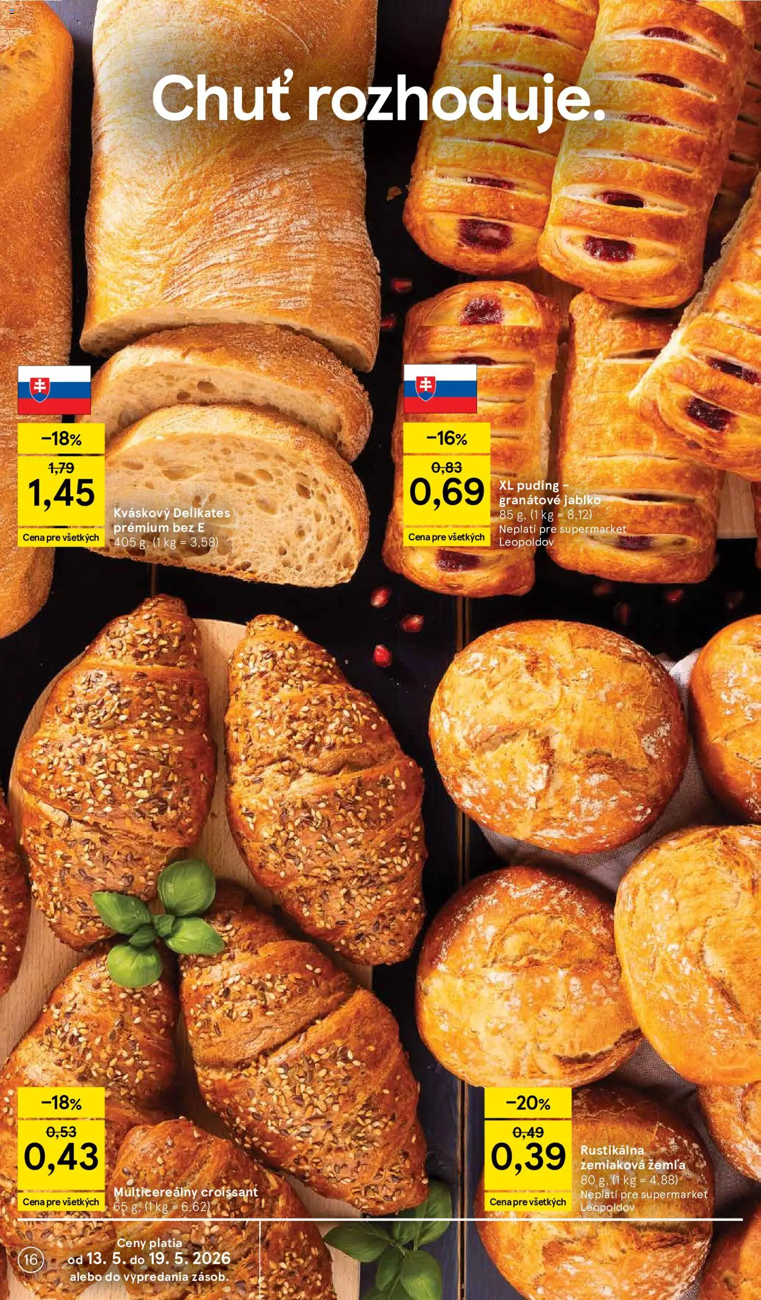Nové Tesco akcie – leták je platný od 13.05.2026 | Strana: 16 | Produkty: Croissant, Puding