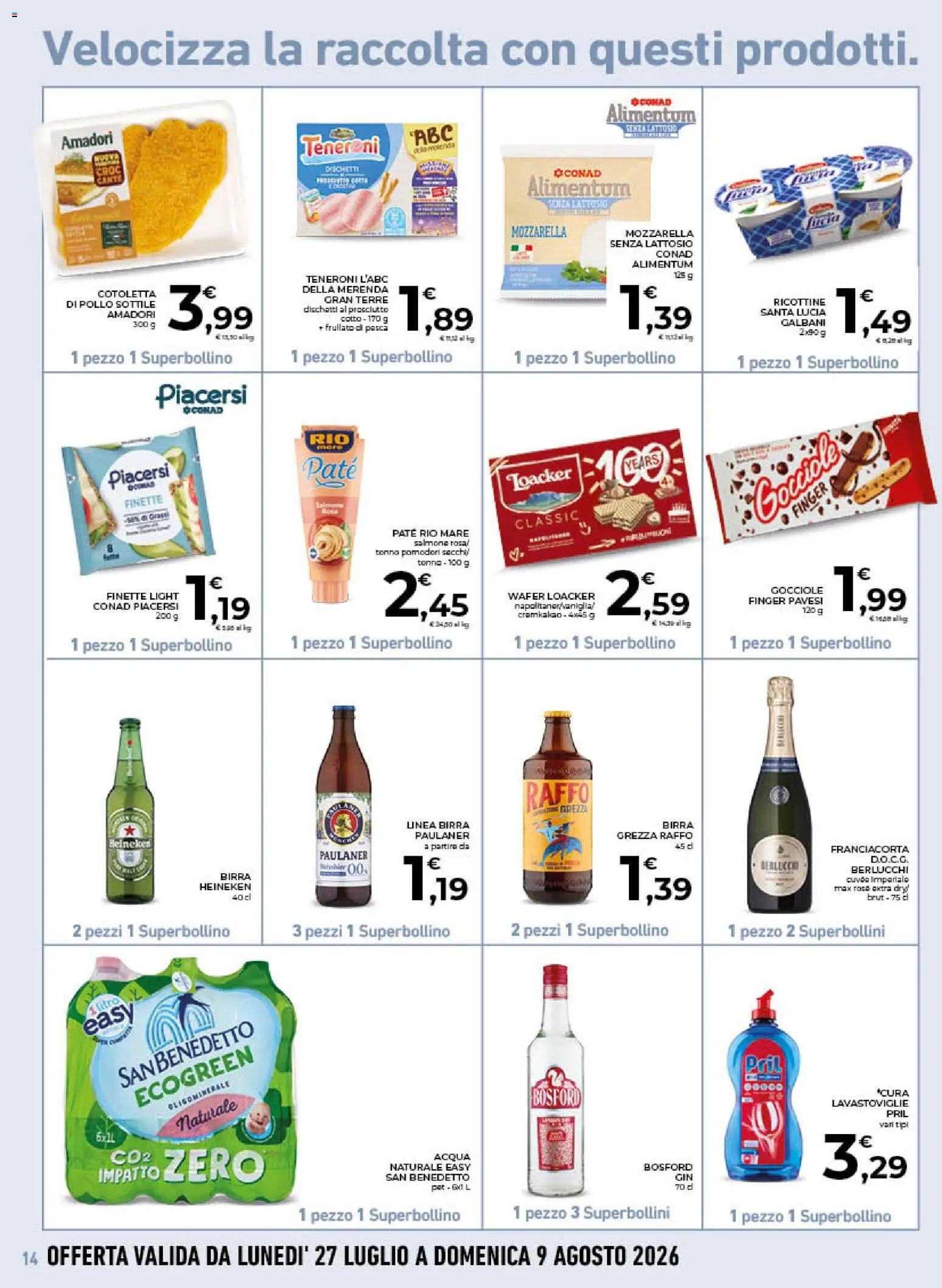 Volantino Conad del 29/07/2026 | Pagina: 14 | Prodotti: Paté, Mozzarella senza lattosio, Acqua, Prosciutto