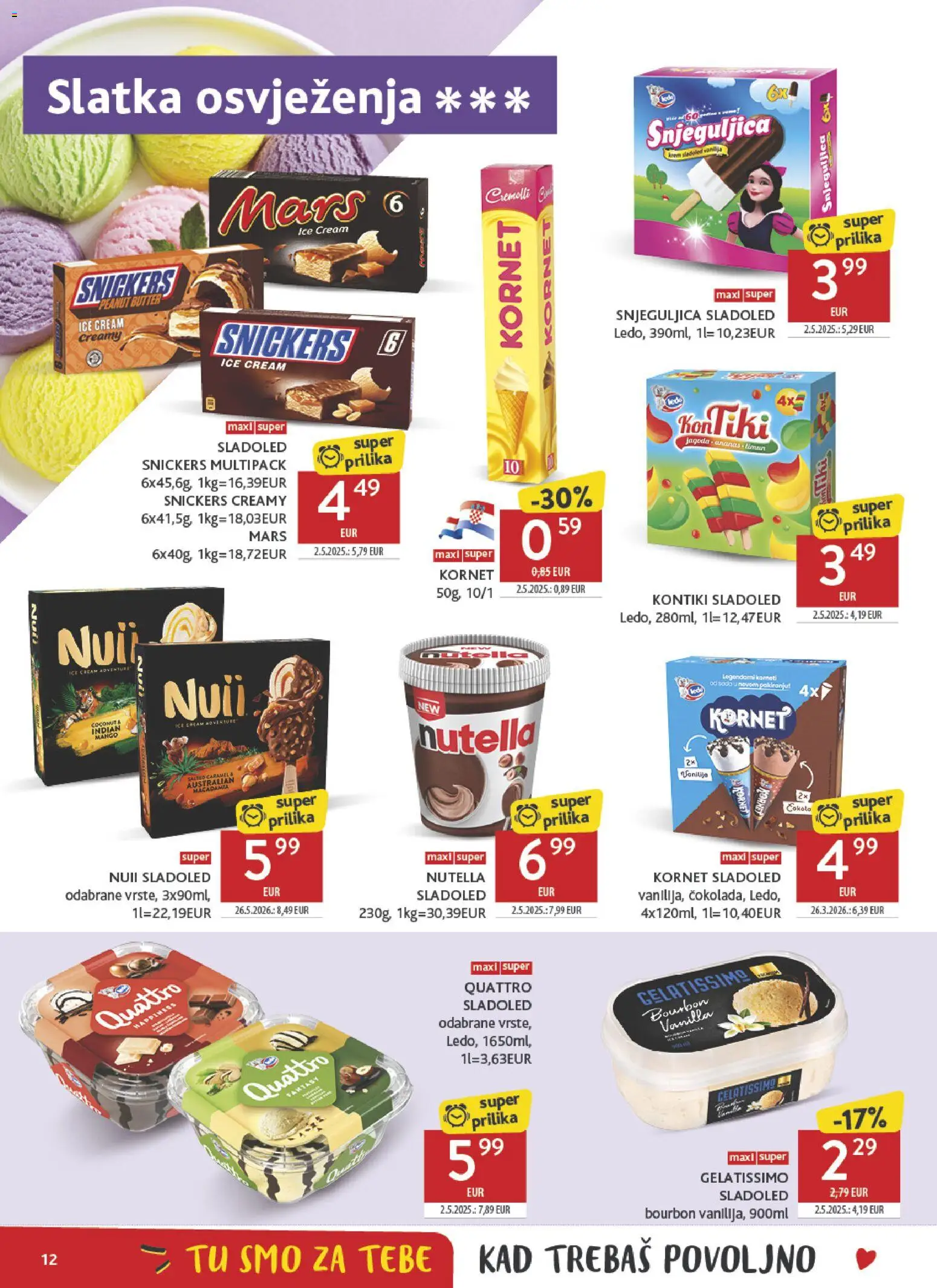 Konzum katalog | vrijedi od 15.07.2026 | Stranica: 12 | Proizvodi: Nutella, Snickers, Sladoled, Mango