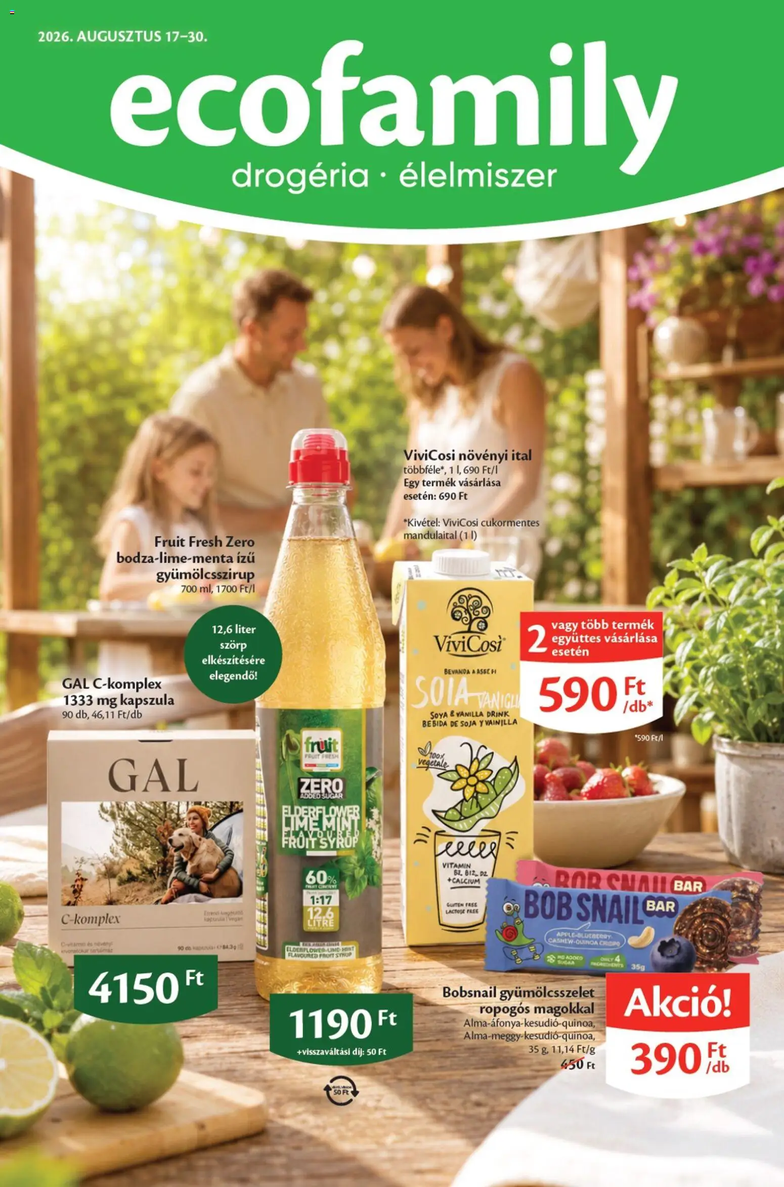 Ecofamily akciós ujság - amely érvényes a következő dátumtól: 2026.08.17. | Oldal: 1 | Termékek: Szörp, Mandulaital, Vitamin, Gyümölcsszelet