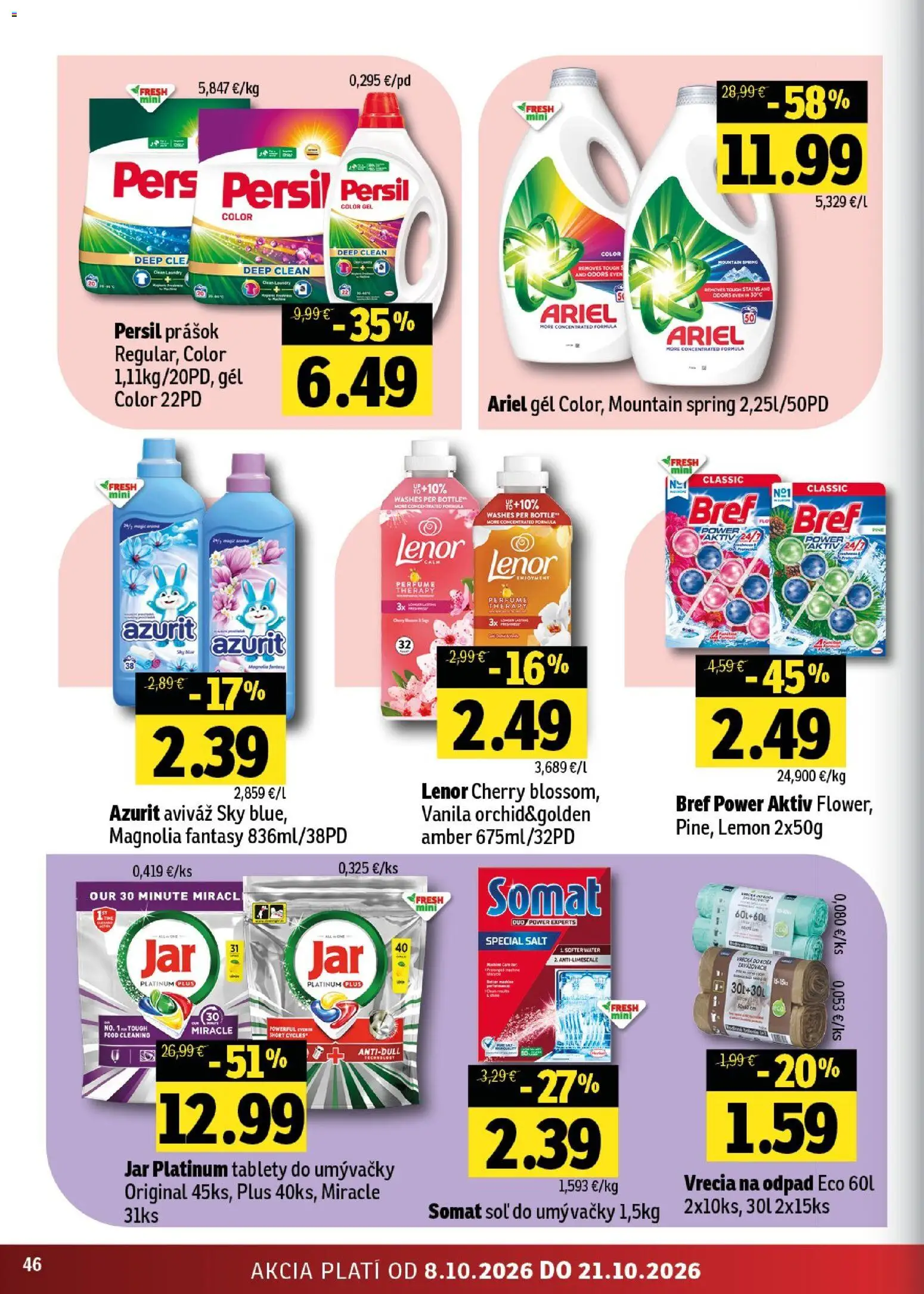 Nové Fresh akcie – leták je platný od 08.10.2026 | Strana: 46 | Produkty: Soľ do umývačky, Persil, Aviváž, Jar