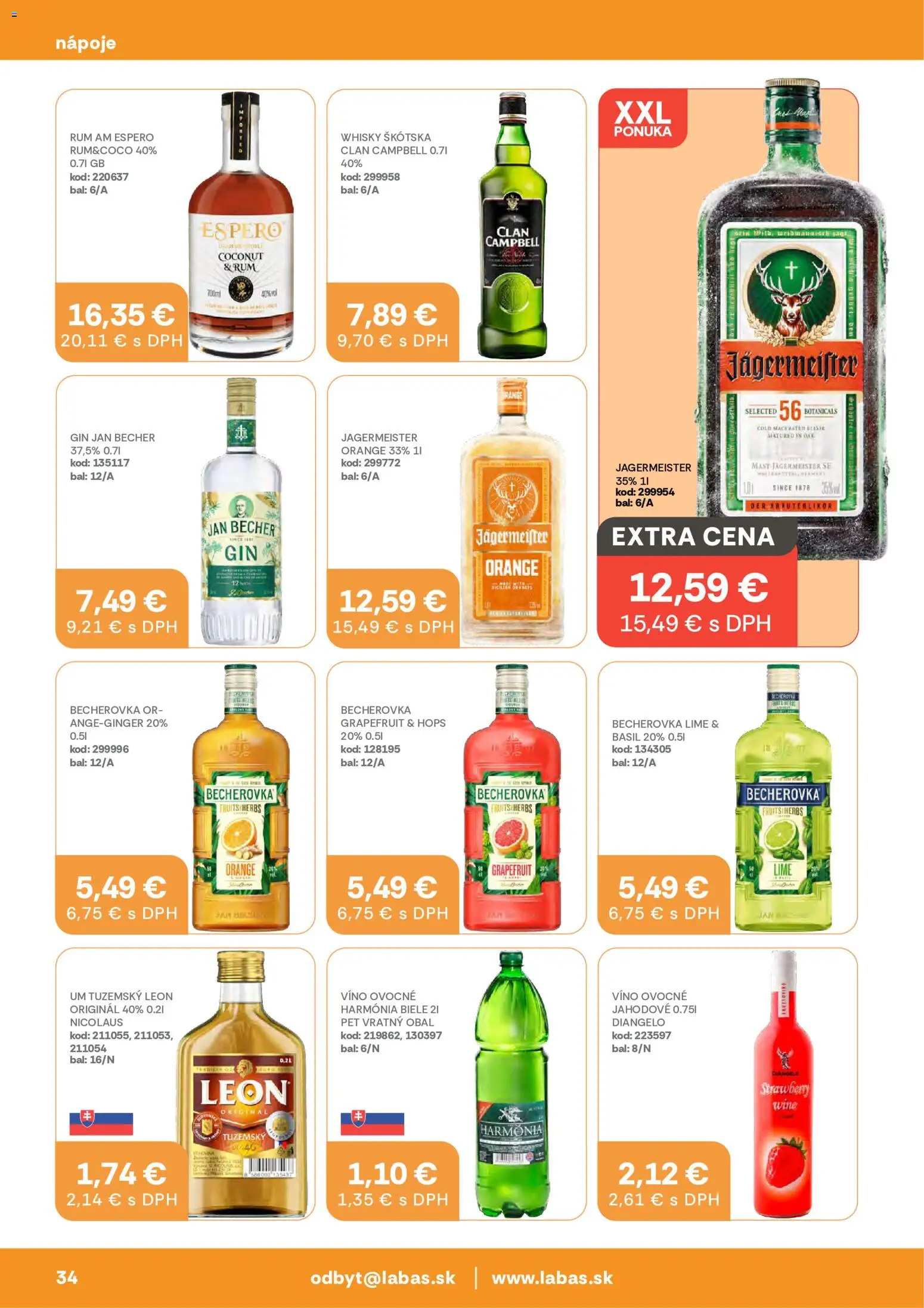Nové Labaš akcie – leták je platný od 17.07.2026 | Strana: 34 | Produkty: Jägermeister, Becherovka, Gin, Rum