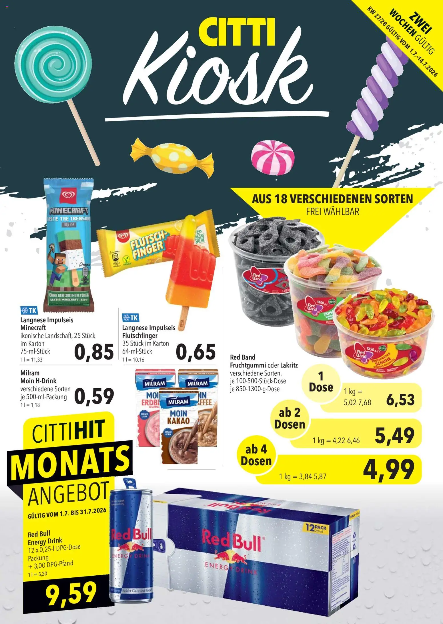 CITTI Markt Kioskwerbung – gültig ab 01.07.2026 | Seite: 1 | Produkte: Langnese, Red bull, Energy, Milram