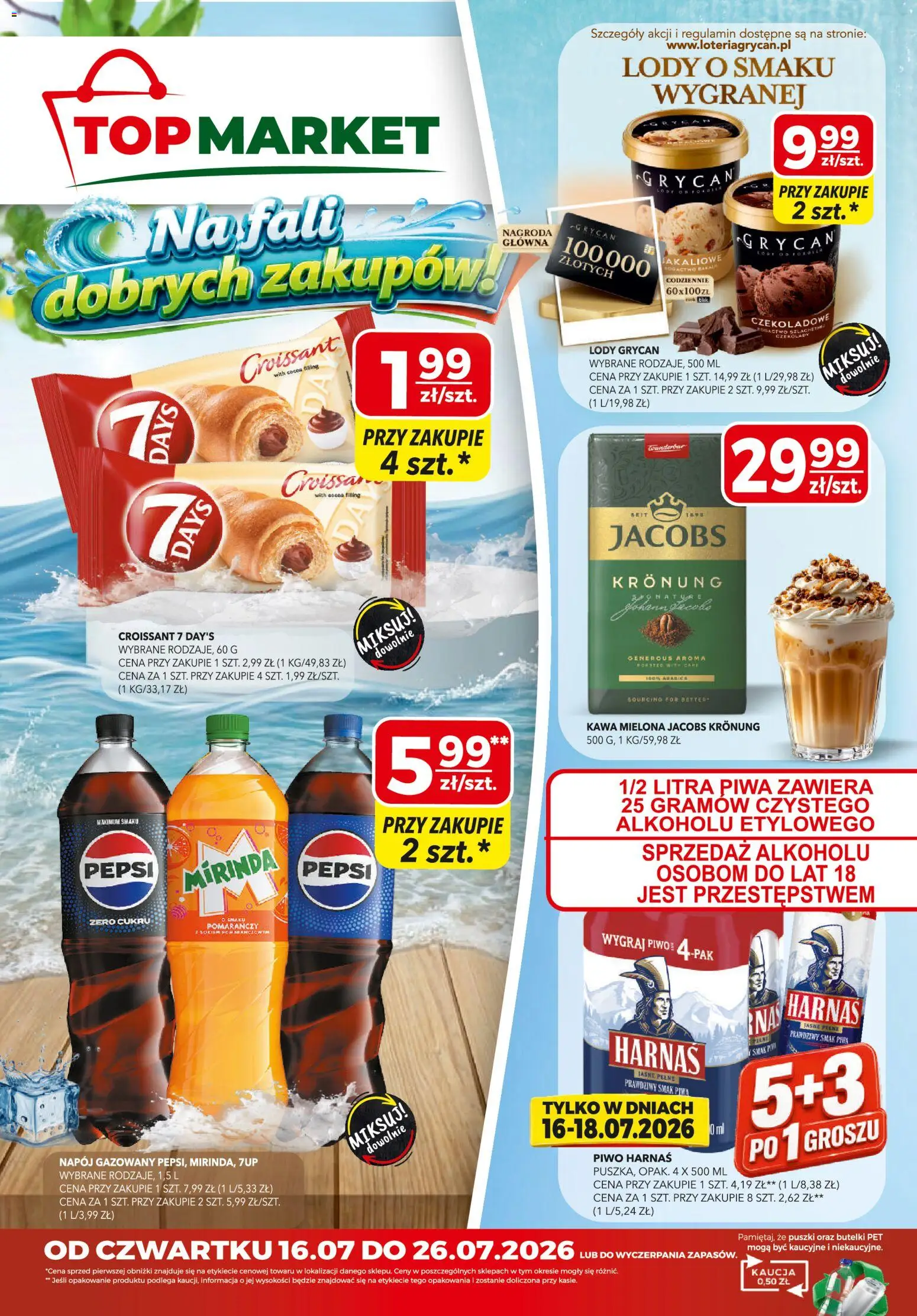 Top Market gazetka od 16.07.2026 | Strona: 1 | Produkty: Top, Lody Grycan, Pepsi, Harnaś