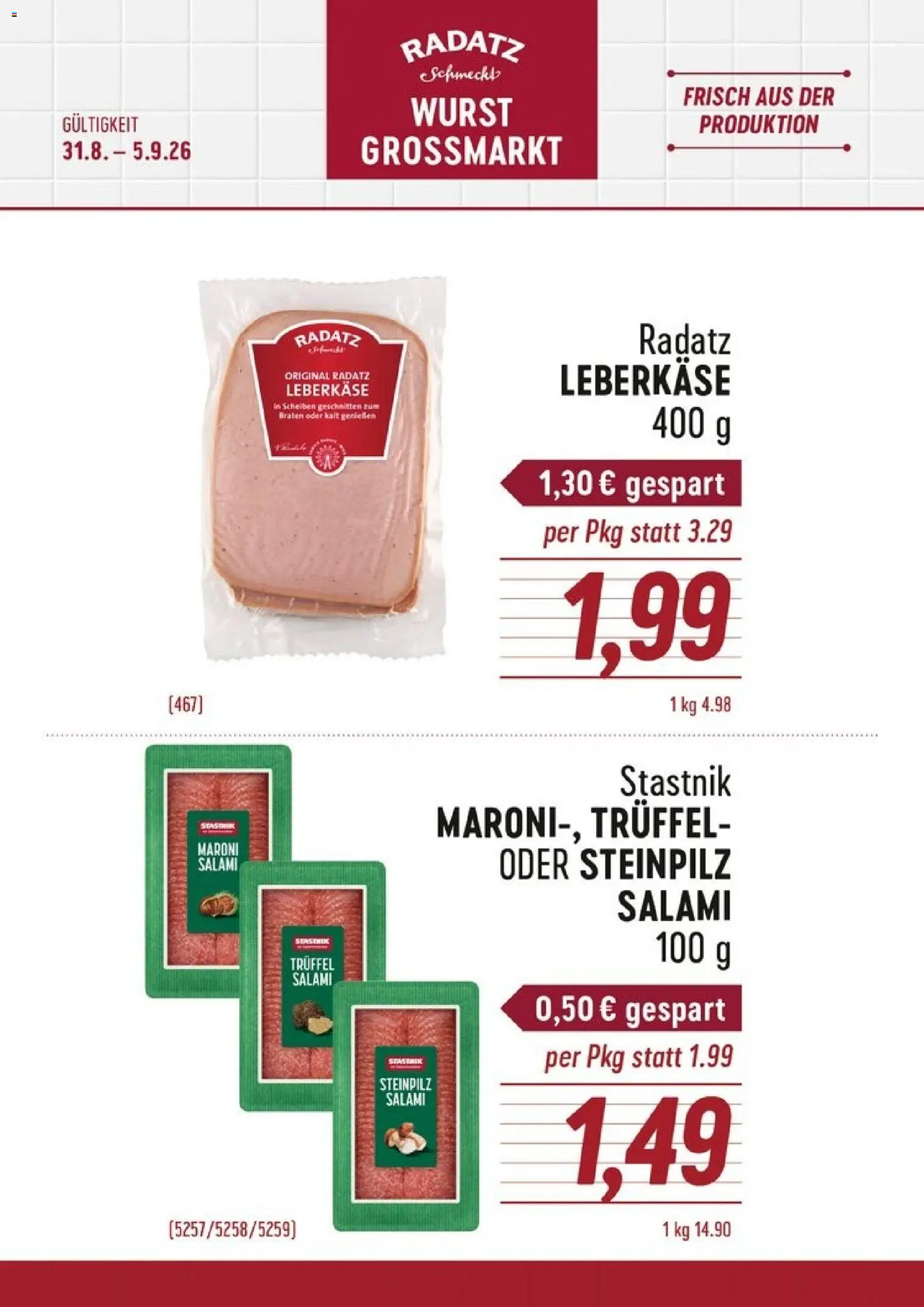 Radatz Flugblatt gültig ab 31.08.2026 | Seite: 1 | Produkte: Wurst, Salami