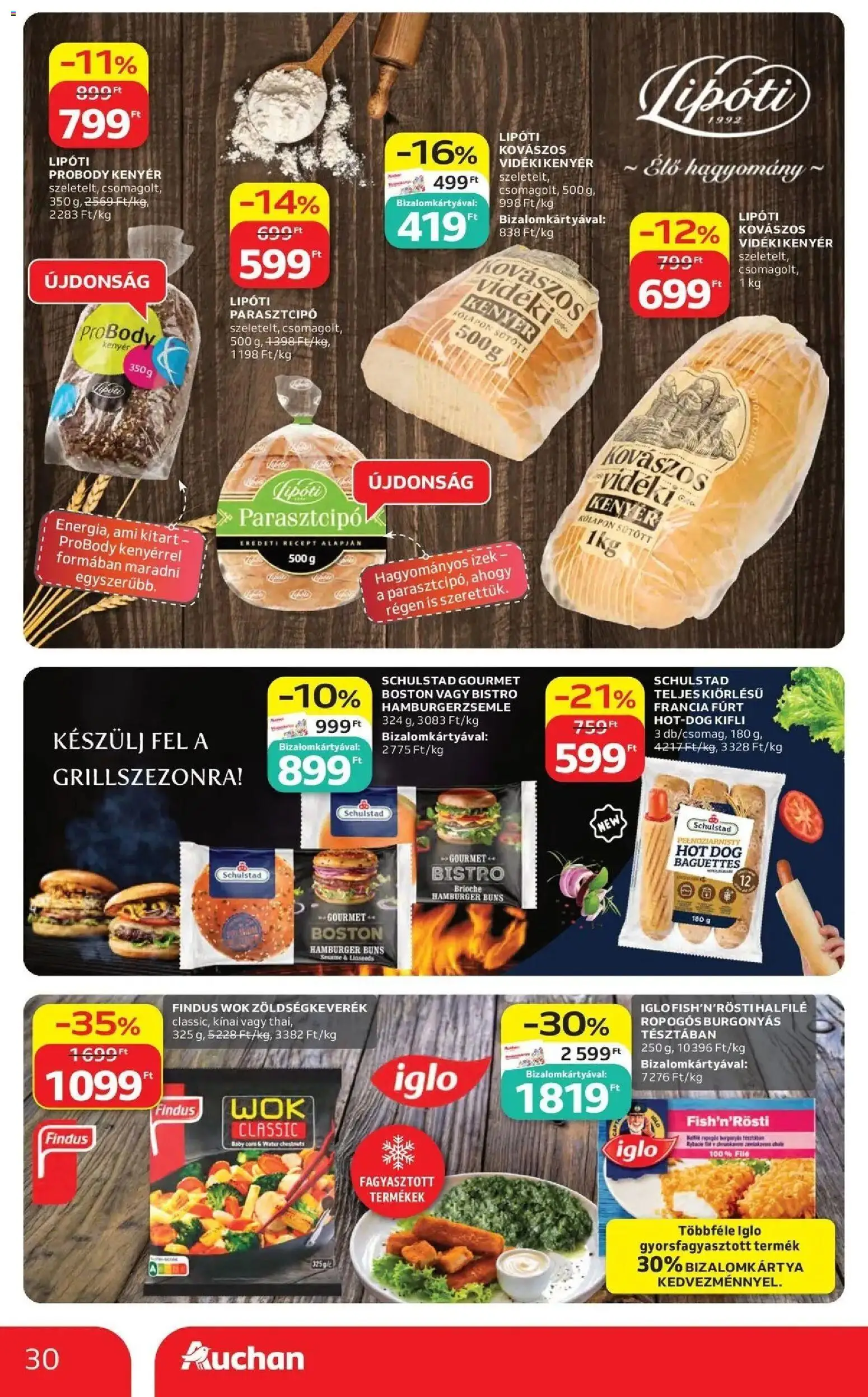 Auchan akciós ujság - amely érvényes a következő dátumtól: 07.05.2026 | Oldal: 30 | Termékek: Hot dog, Zöldségkeverék, Kifli, Kenyér