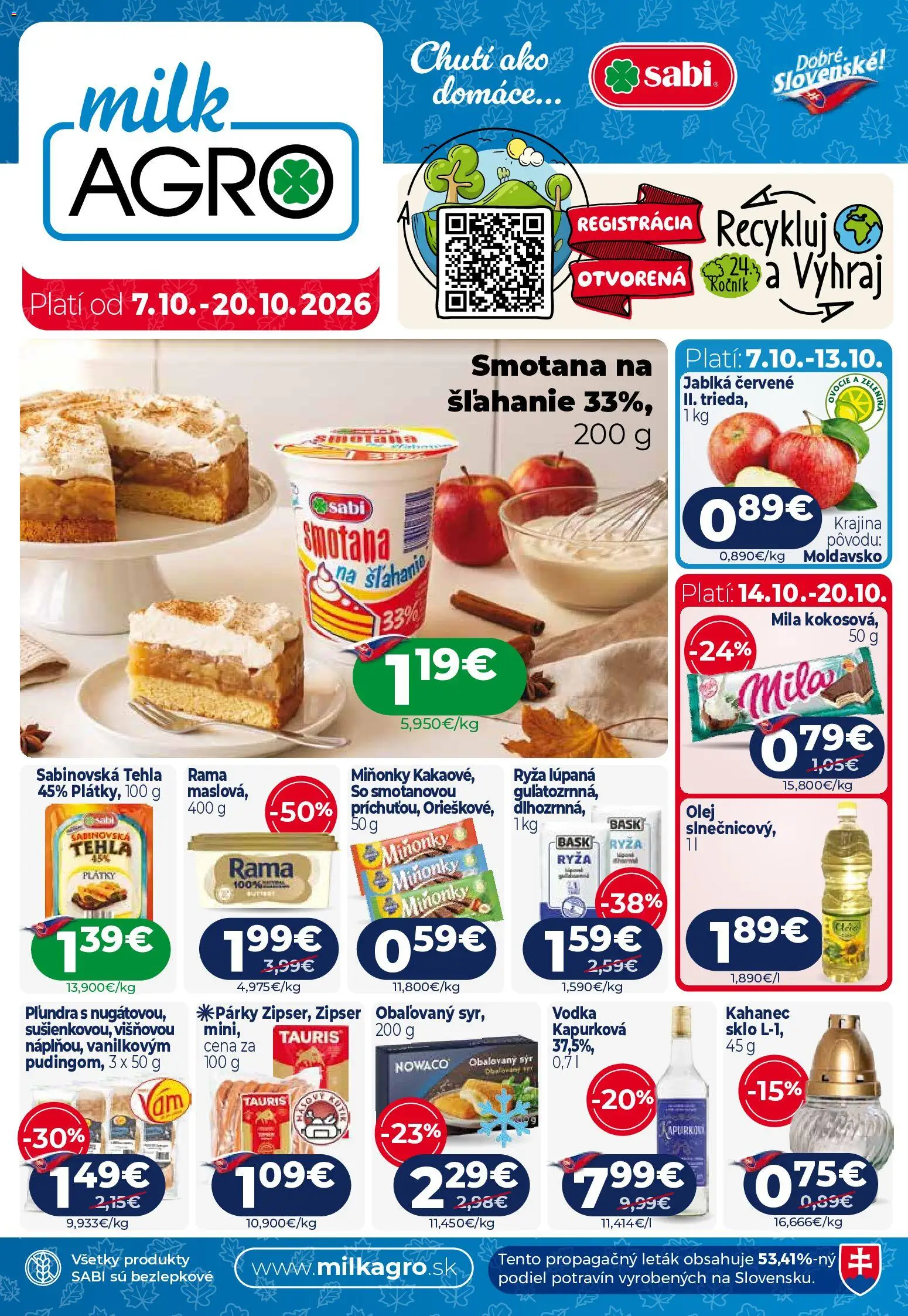 Nové Milk Agro akcie – leták je platný od 07.10.2026 | Strana: 1 | Produkty: Syr, Olej, Zelenina, Vodka
