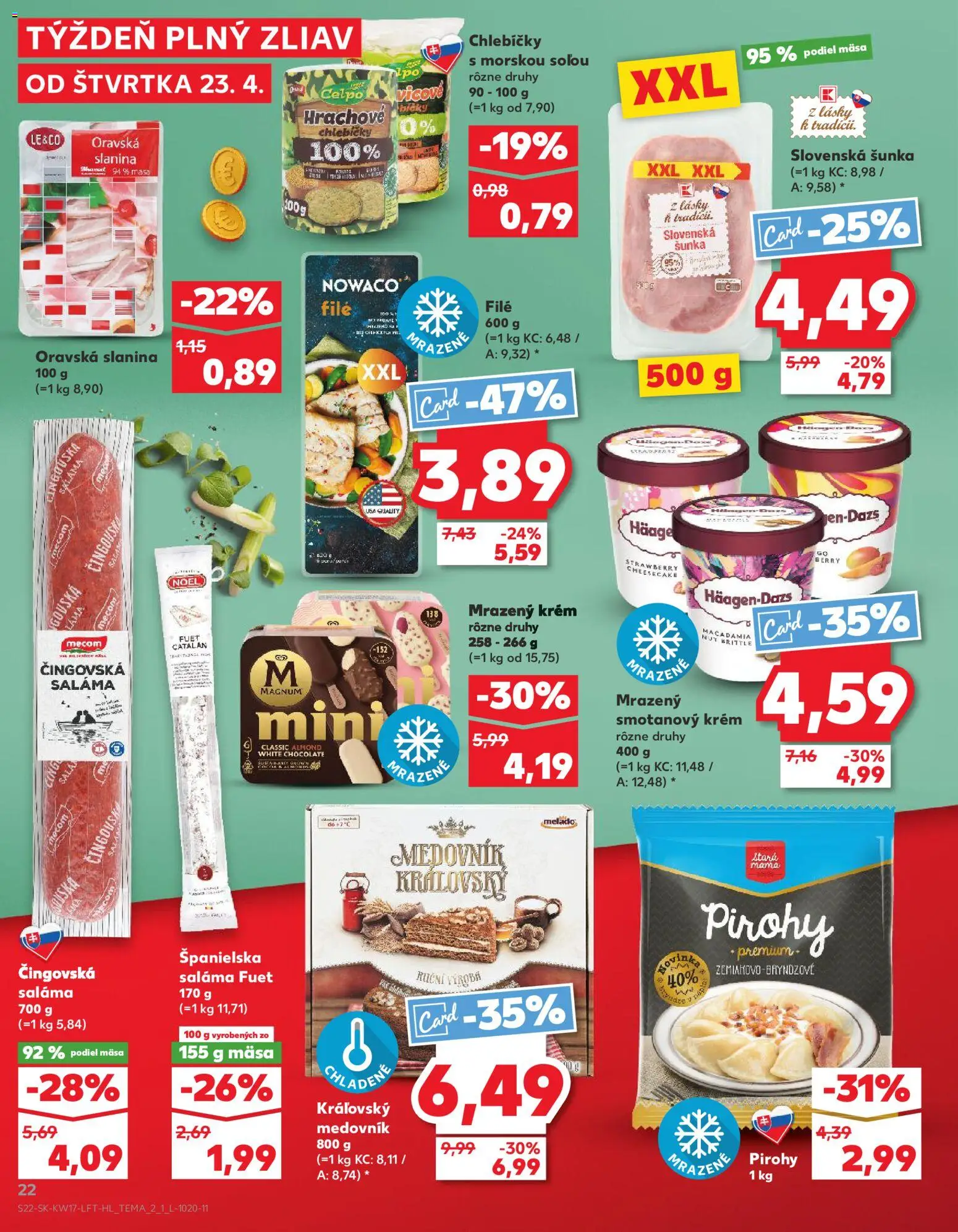 Nové Kaufland akcie – leták je platný od 23.04.2026 | Strana: 22 | Produkty: Pirohy, Slanina, Magnum, Krém