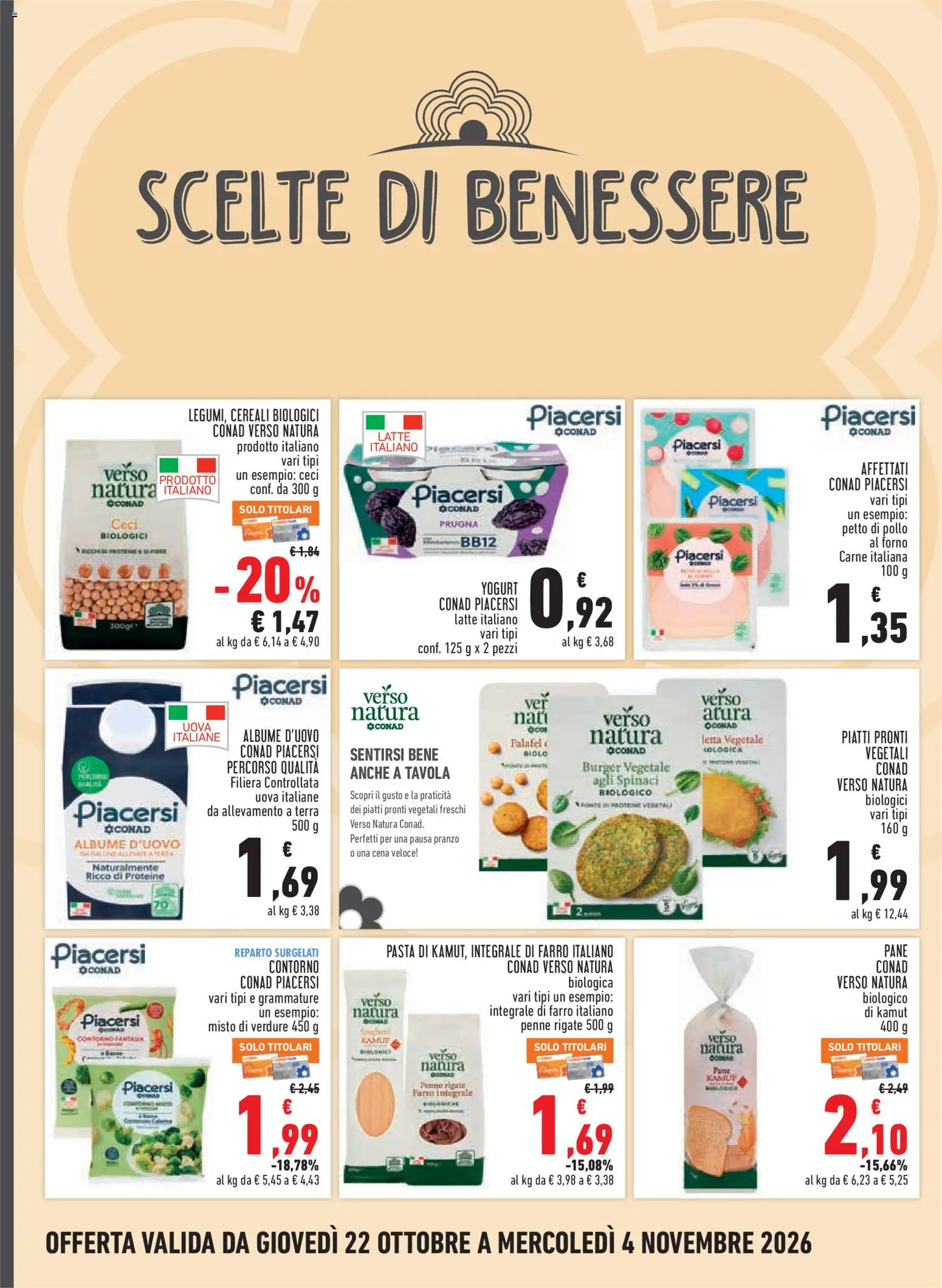 Volantino Conad del 22/10/2026 | Pagina: 10 | Prodotti: Petto di Pollo, Latte, Spinaci, Falafel