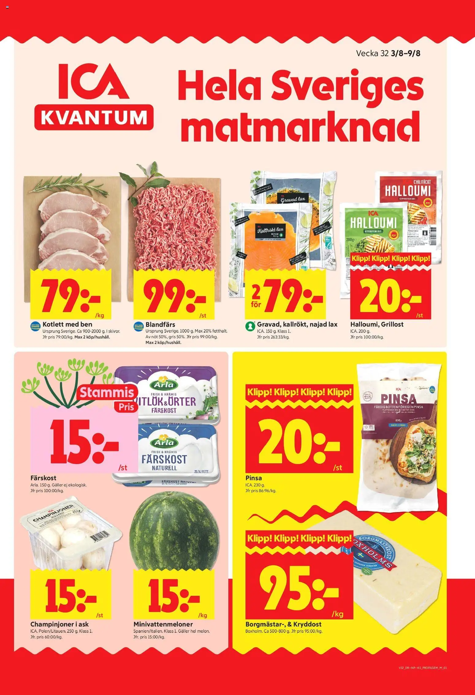 ICA Kvantum reklamblad aktuell från 03/08/2026 | Sida: 1 | Produkter: Halloumi, Blandfärs, Ost, Champinjoner