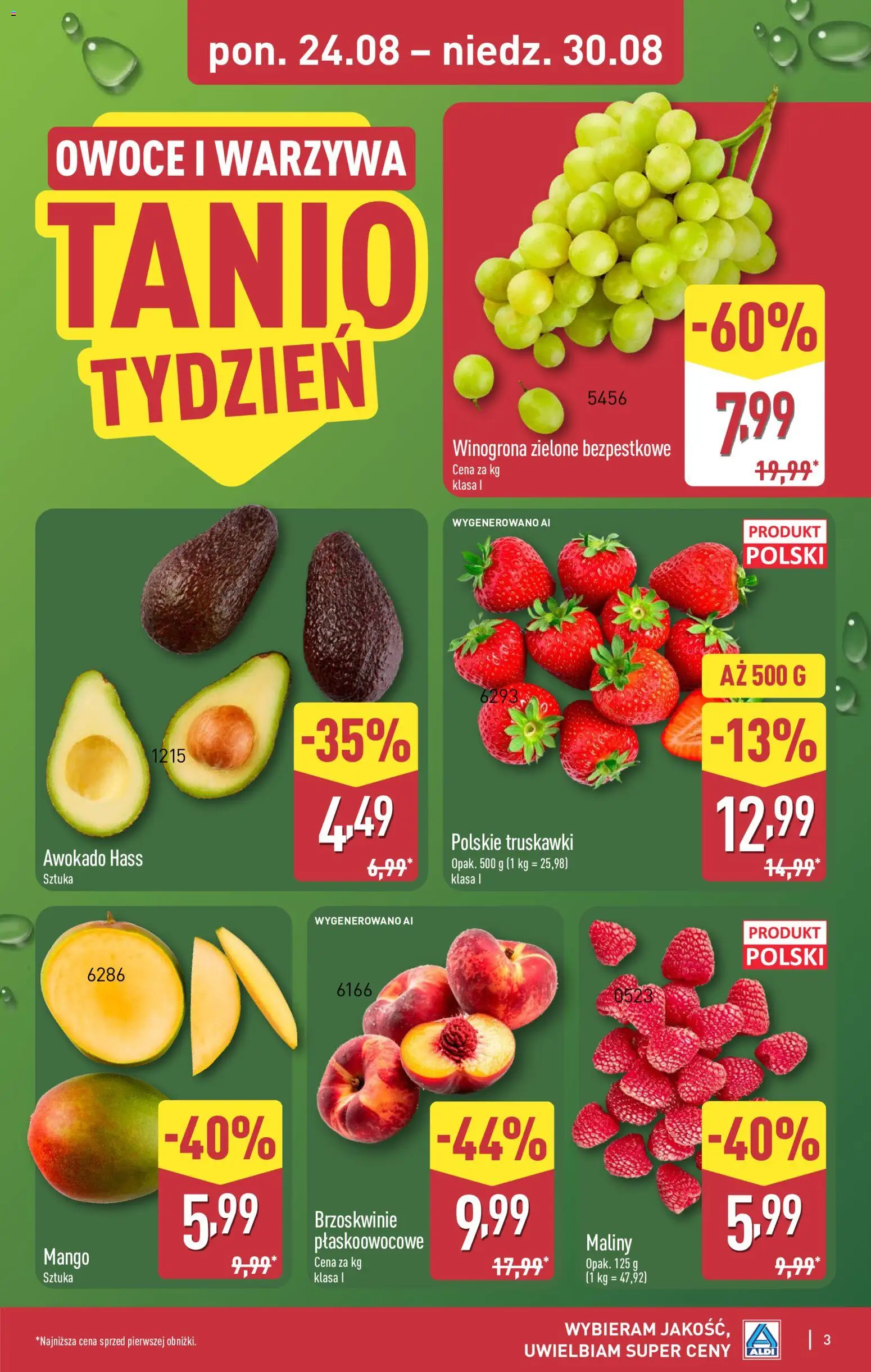Aldi gazetka od 24.08.2026 | Strona: 3 | Produkty: Winogrona, Maliny, Awokado, Owoce