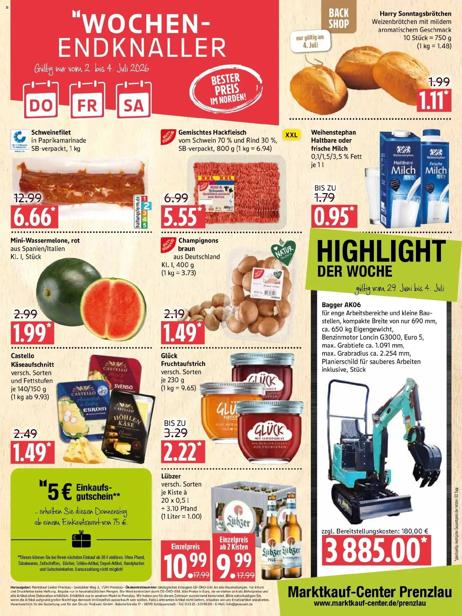 Marktkauf - Marktkauf: Wochenangebote – gültig ab 28.06.2026 | Seite: 12 | Produkte: Milch, Schweinefilet, Champignons, Erdbeeren