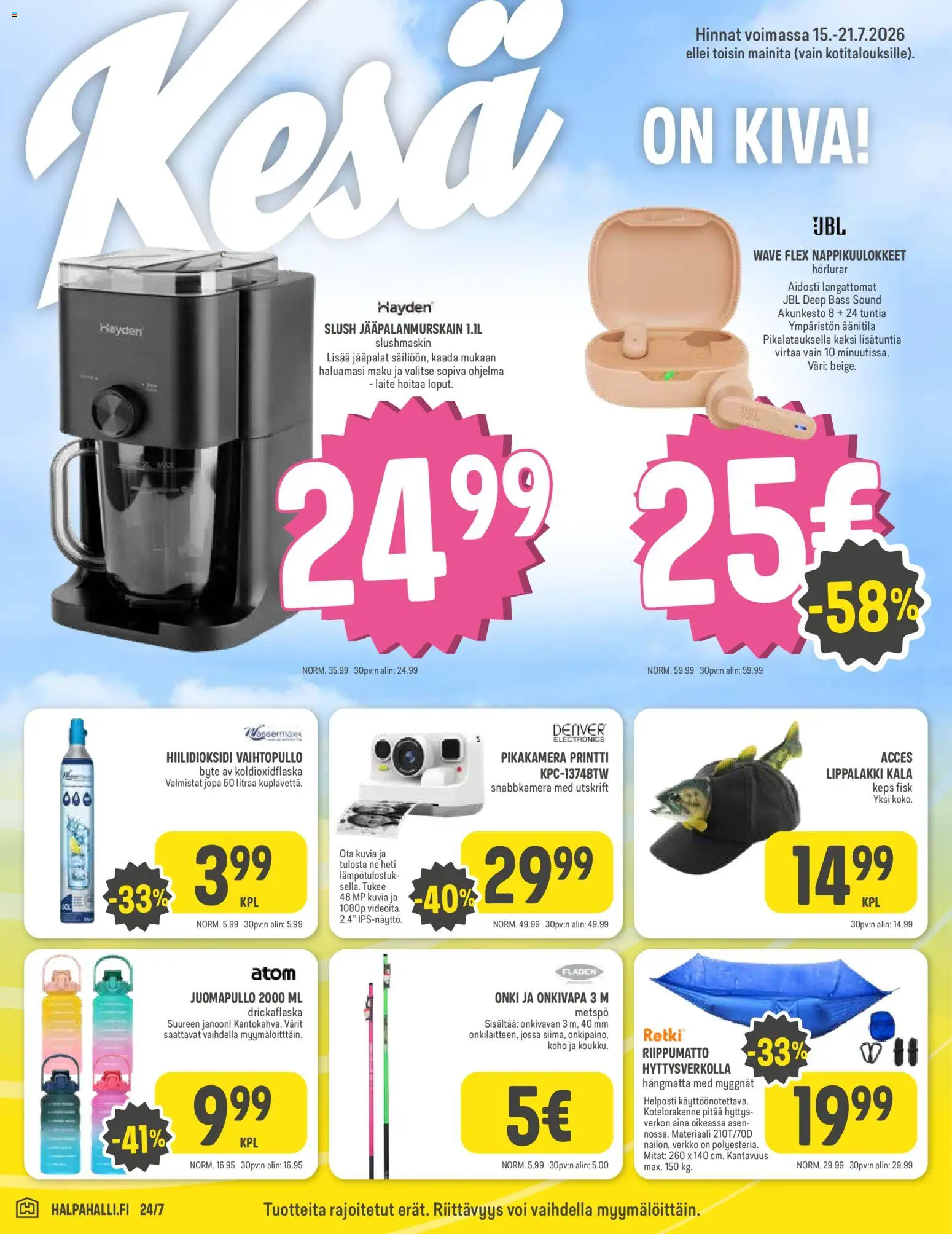 Halpa Halli tarjoukset – voimassa 15/07/2026 alkaen | Sivu: 8 | Tuotteet: Riippumatto, Onki, Voi, Kala