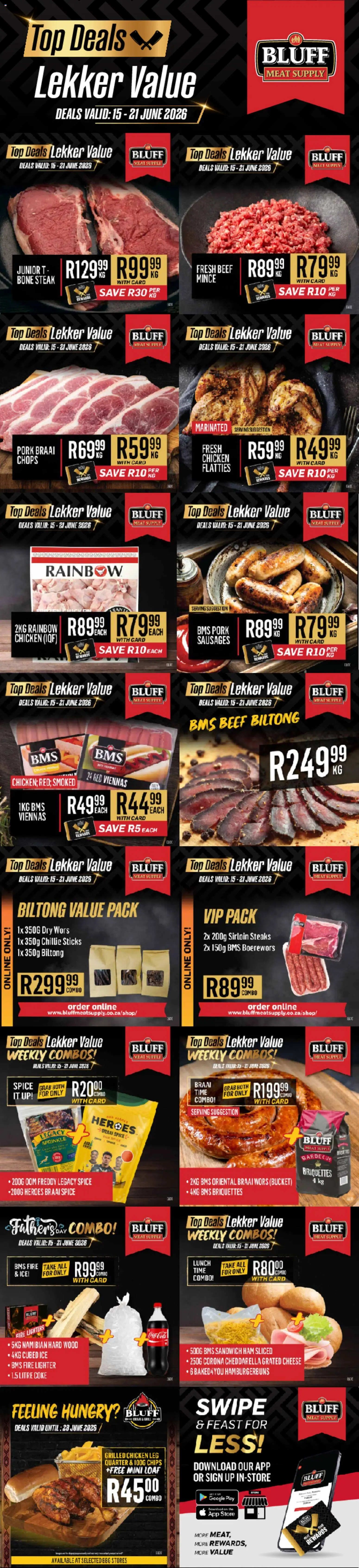 New Bluff Meat Supply catalogue – valid from 15.06.2026 | Page: 1 | Products: Boerewors, Coke, Cheese, Pork
