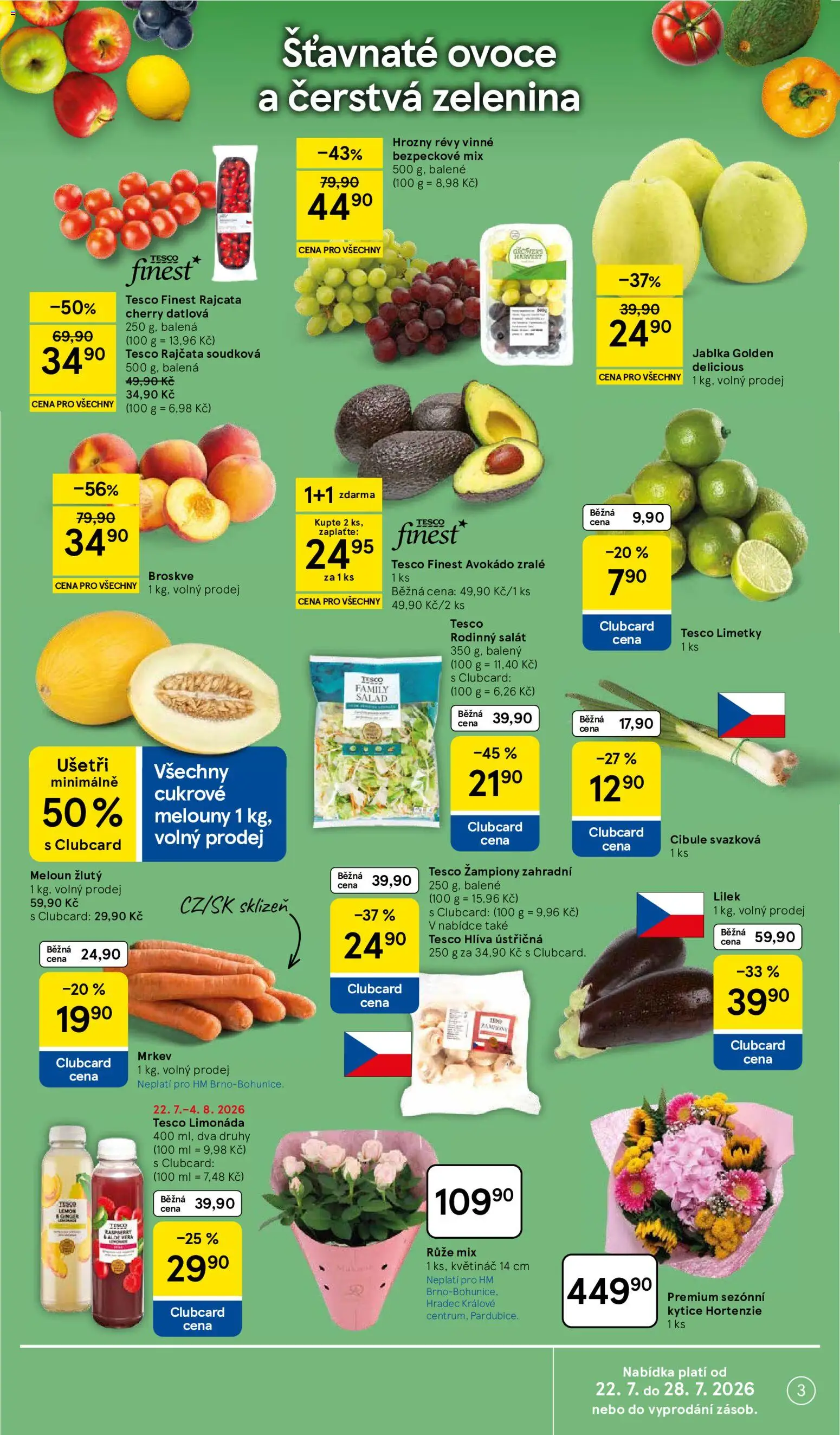 Tesco leták - Hypermarket od 22.07.2026 | Strana: 3 | Produkty: Limonáda, Broskve, Kytice, Avokádo