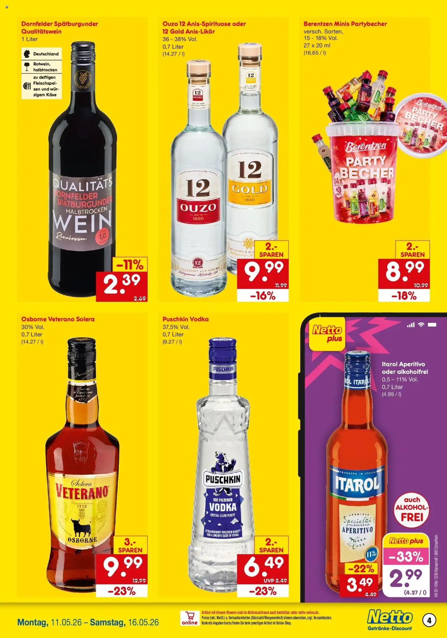 Netto Marken-Discount Prospekt Mainaschaff	 – gültig ab 10.05.2026 | Seite: 4 | Produkte: Ouzo 12, Osborne, Käse, Wein