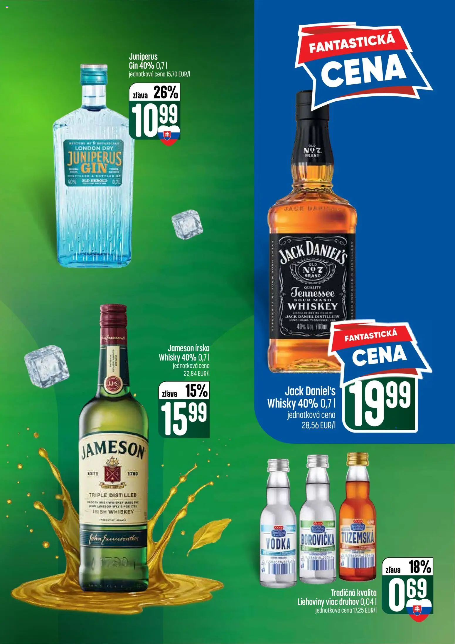 Nové COOP Jednota akcie – leták je platný od 21.05.2026 | Strana: 53 | Produkty: Borovička, Gin, Vodka, Jack Daniel's