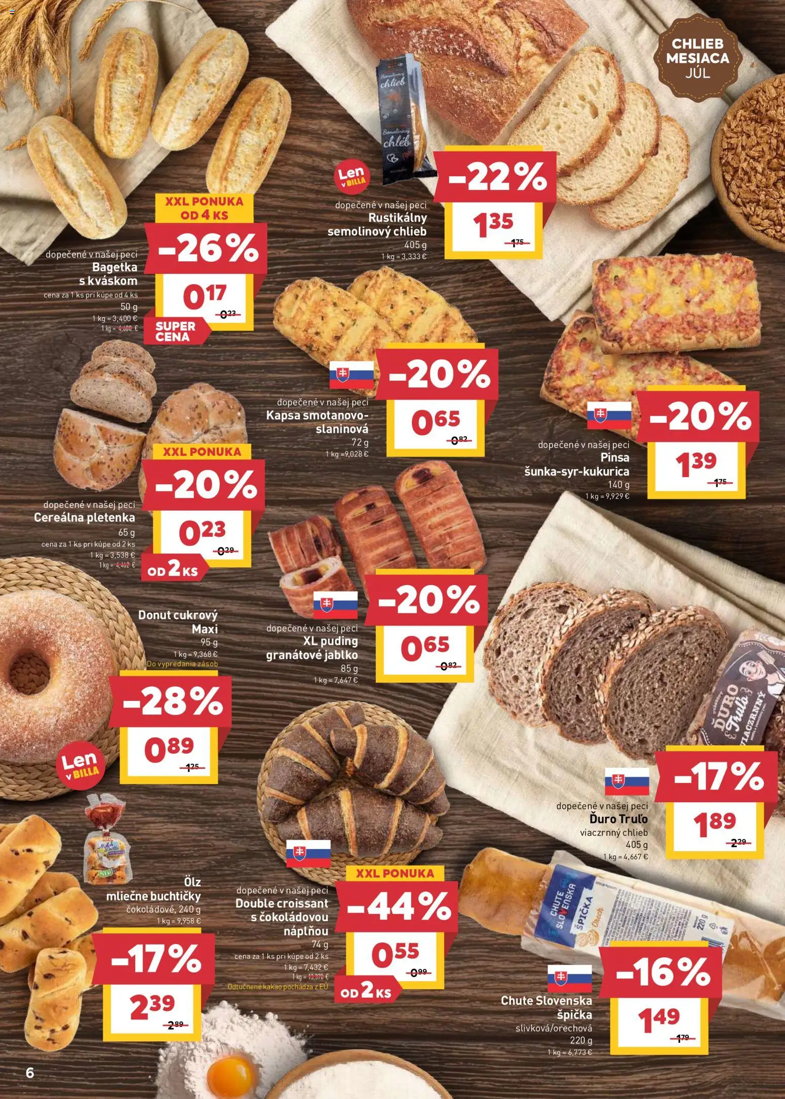 Nové Billa akcie – leták je platný od 15.07.2026 | Strana: 6 | Produkty: Chlieb, Pizza, Granátové jablko, Kakao