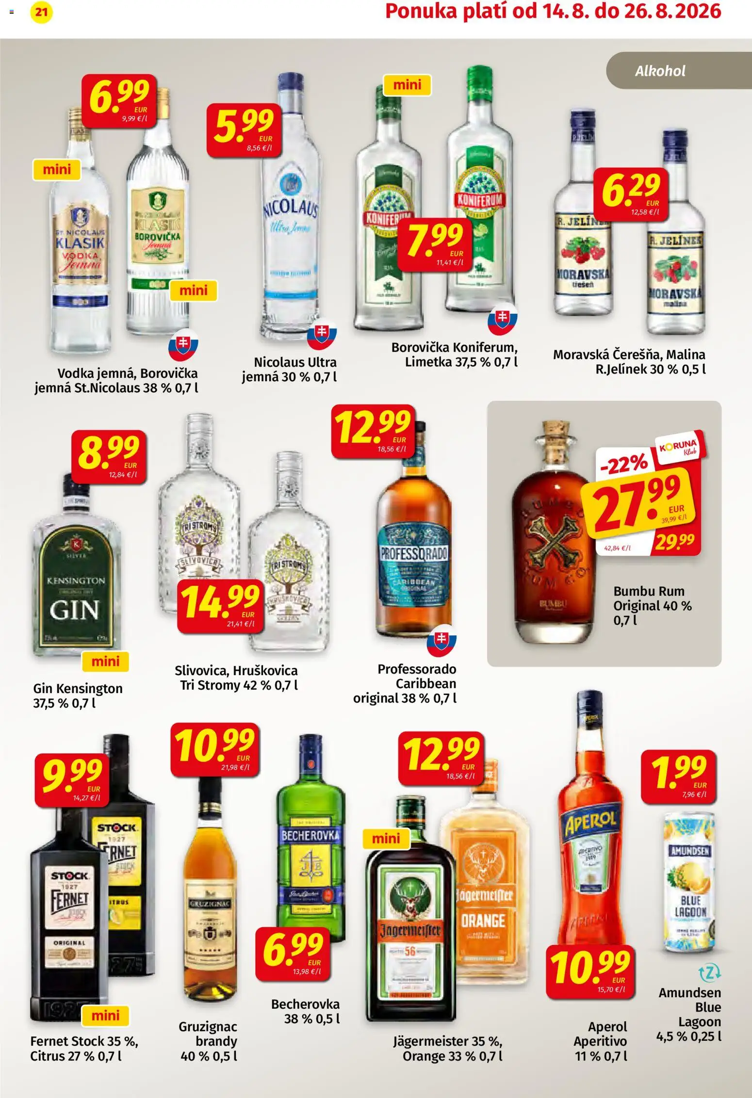 Nové Koruna akcie – leták je platný od 14.08.2026 | Strana: 21 | Produkty: Jägermeister, Borovička, Brandy, Alkohol