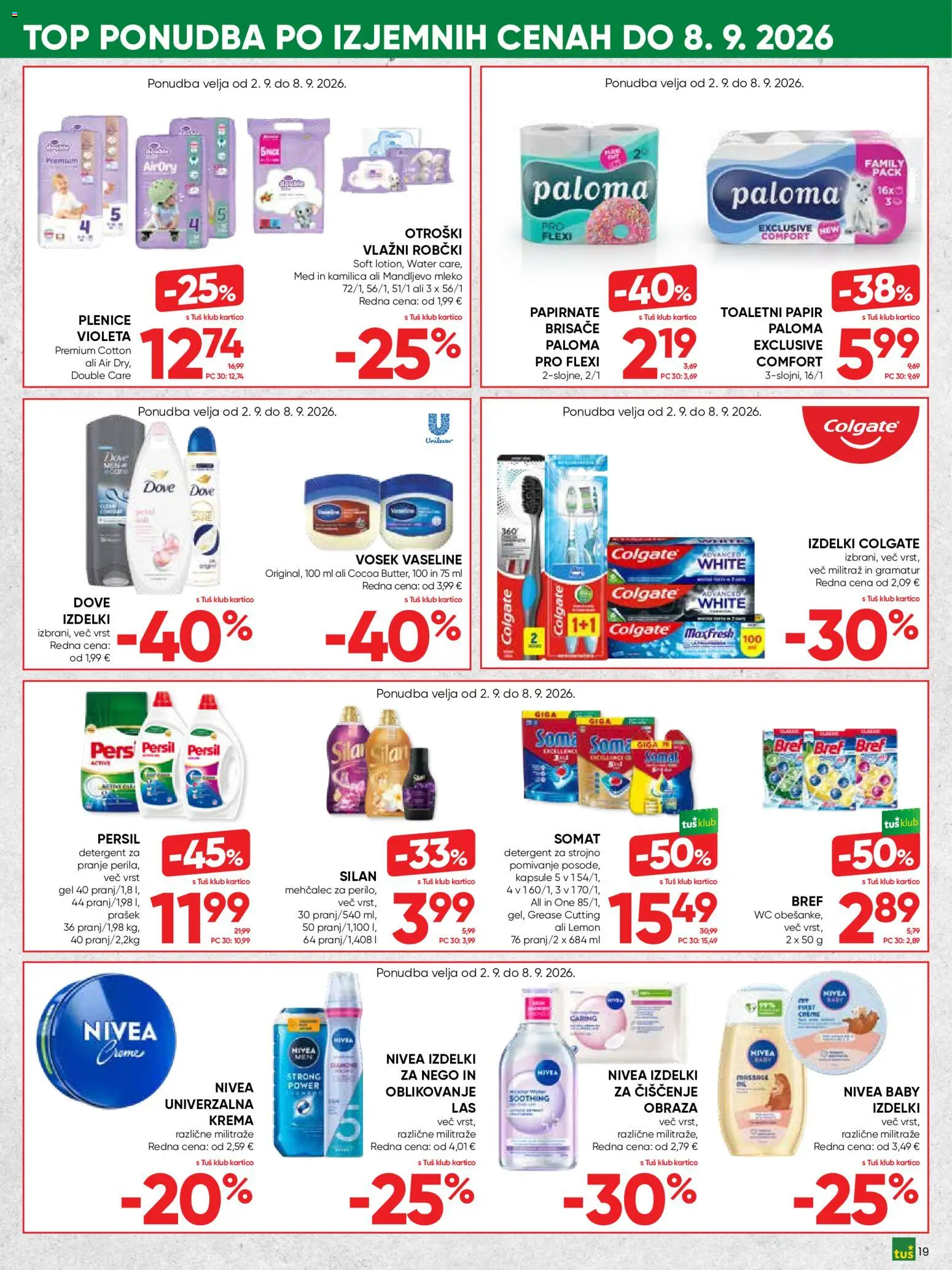 Novi Tuš katalog ponudbe – veljaven od 02.09.2026 | Stran: 19 | Izdelki: Plenice, Mehčalec, Krema, Mleko