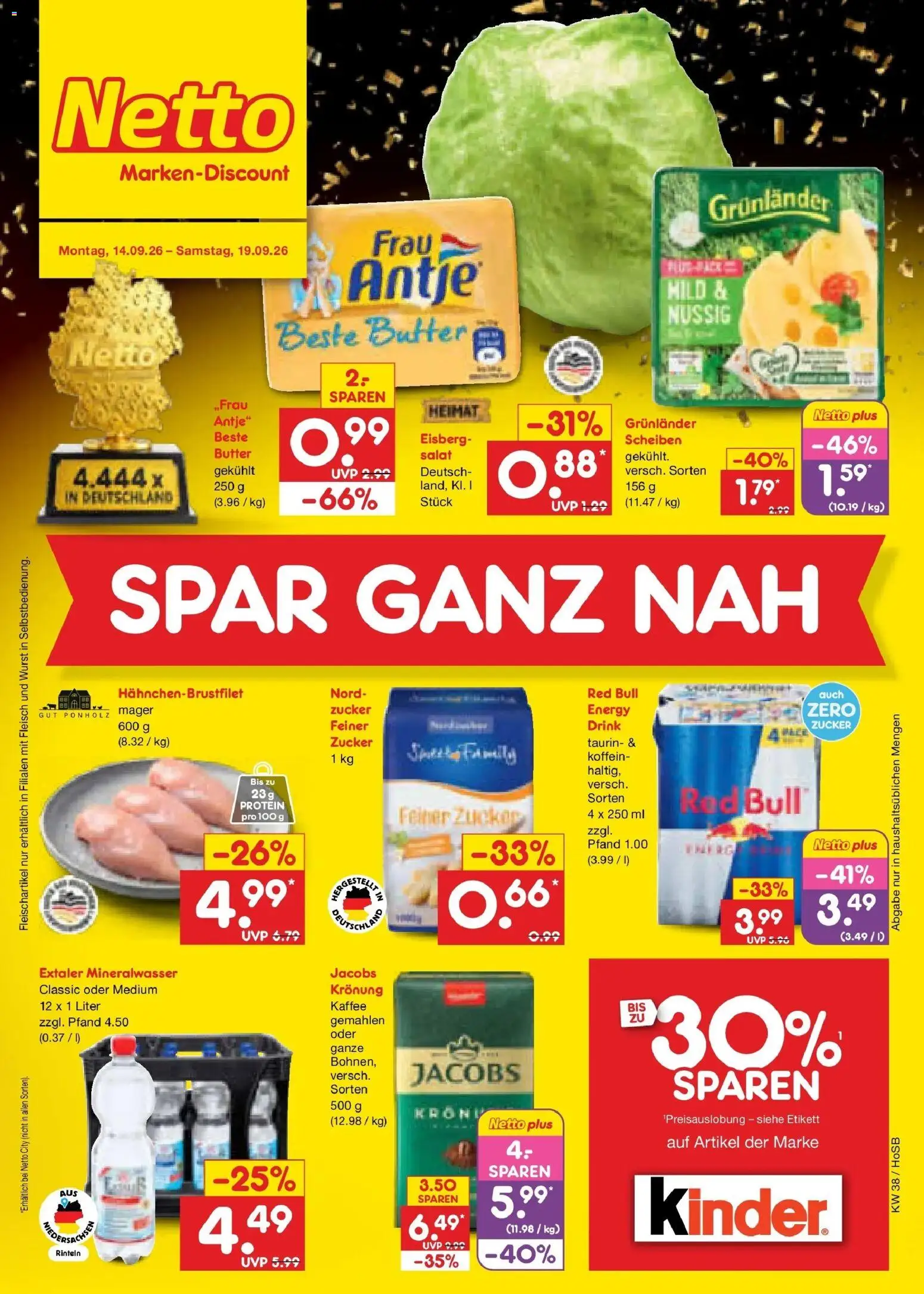 Netto Marken-Discount Prospekt Hannover – gültig ab 14.09.2026 | Seite: 1 | Produkte: Red bull, Kaffee, Grunlander, Salat