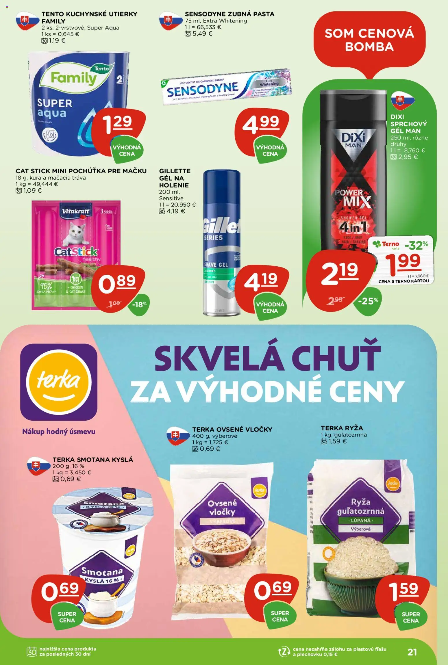Nové Terno akcie – leták je platný od 09.07.2026 | Strana: 21 | Produkty: Ryža, Smotana, Zubná pasta, Vločky